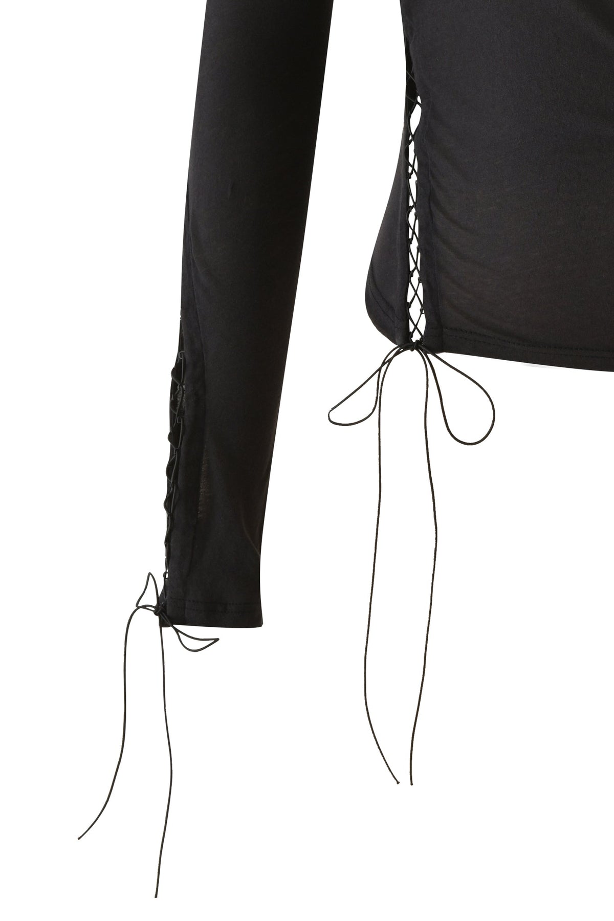 Close-up of the I.AM.GIA PRIS TOP in black, featuring an asymmetrical design with lace-up detailing and ribbon accents tied in bows on the sleeve and side, set against a white background.