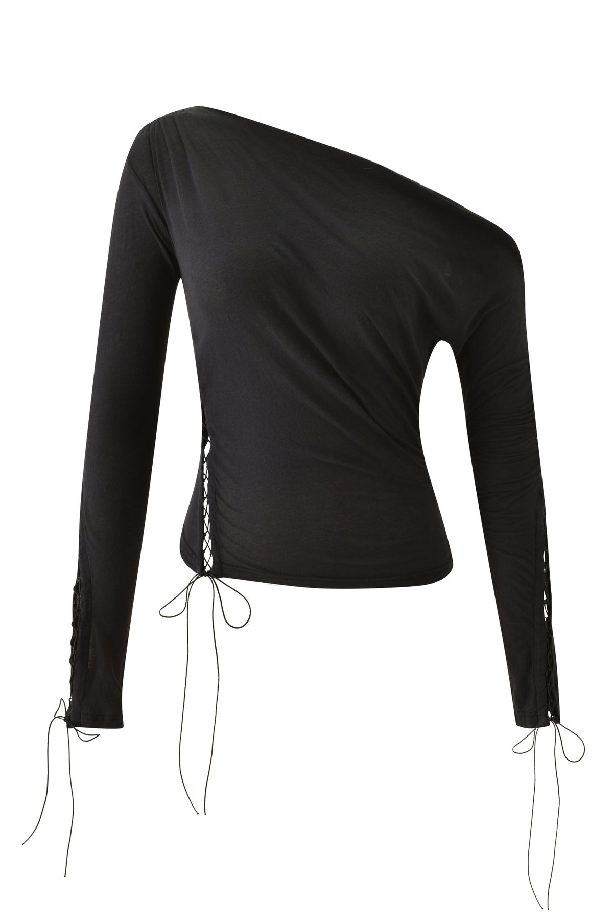 The PRIS TOP - BLACK by I.AM.GIA is a long-sleeve, asymmetrical black top featuring striking lace-up detailing along the sleeves and sides, with adjustable strings that hang down for added edge.