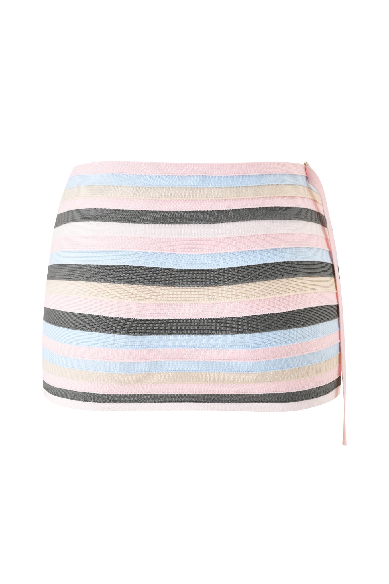 The NYNA BANDAGE MINI SKIRT - BABY PINK by I.AM.GIA is a low-rise mini skirt with horizontal pastel stripes and a side tie detail on the right.