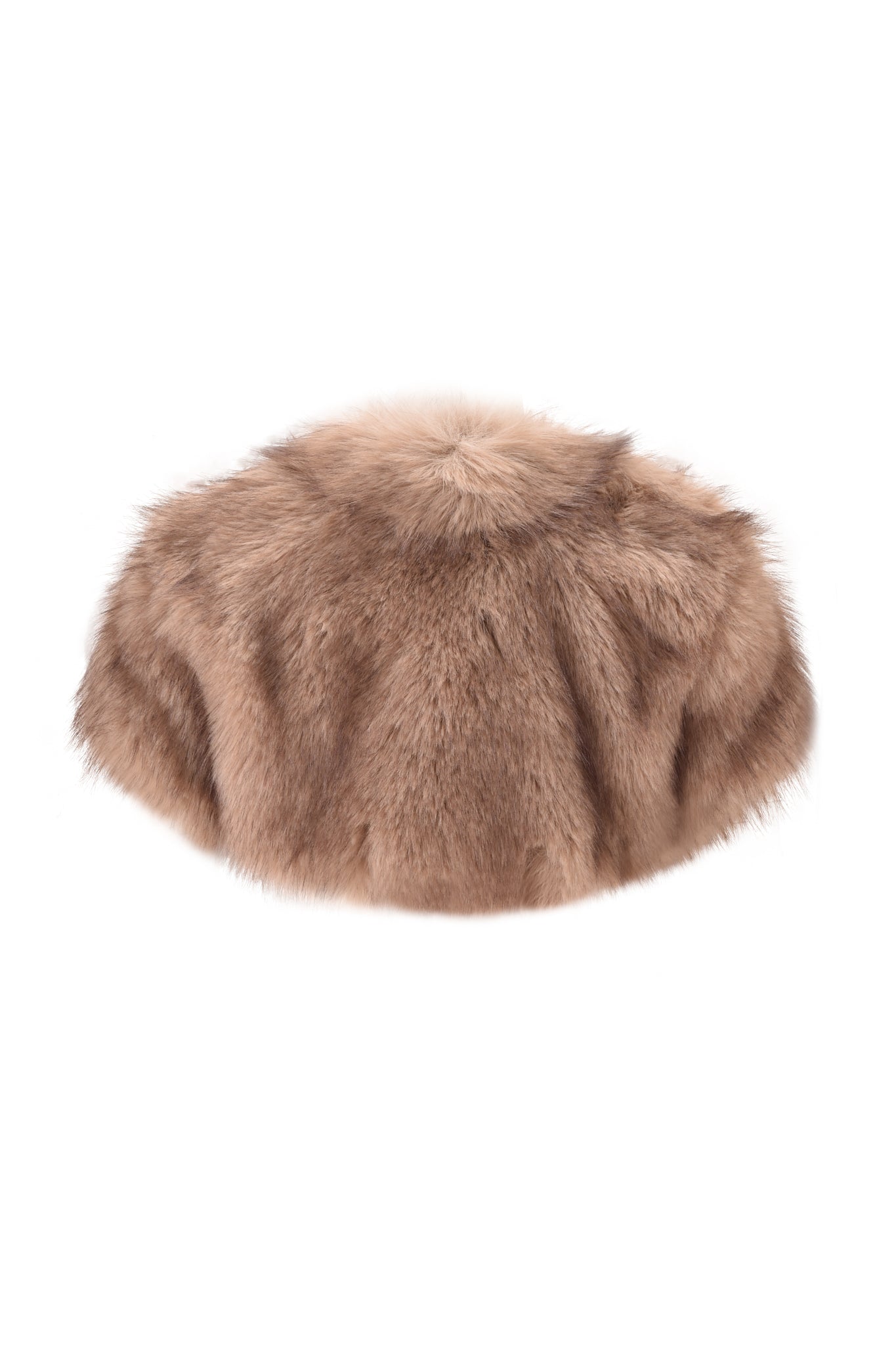 A taupe faux fur beret hat, perfect for pairing with the I.AM.GIA ALBA FAUX FUR CAP SLEEVE BOLERO in taupe, displayed on a plain white background.