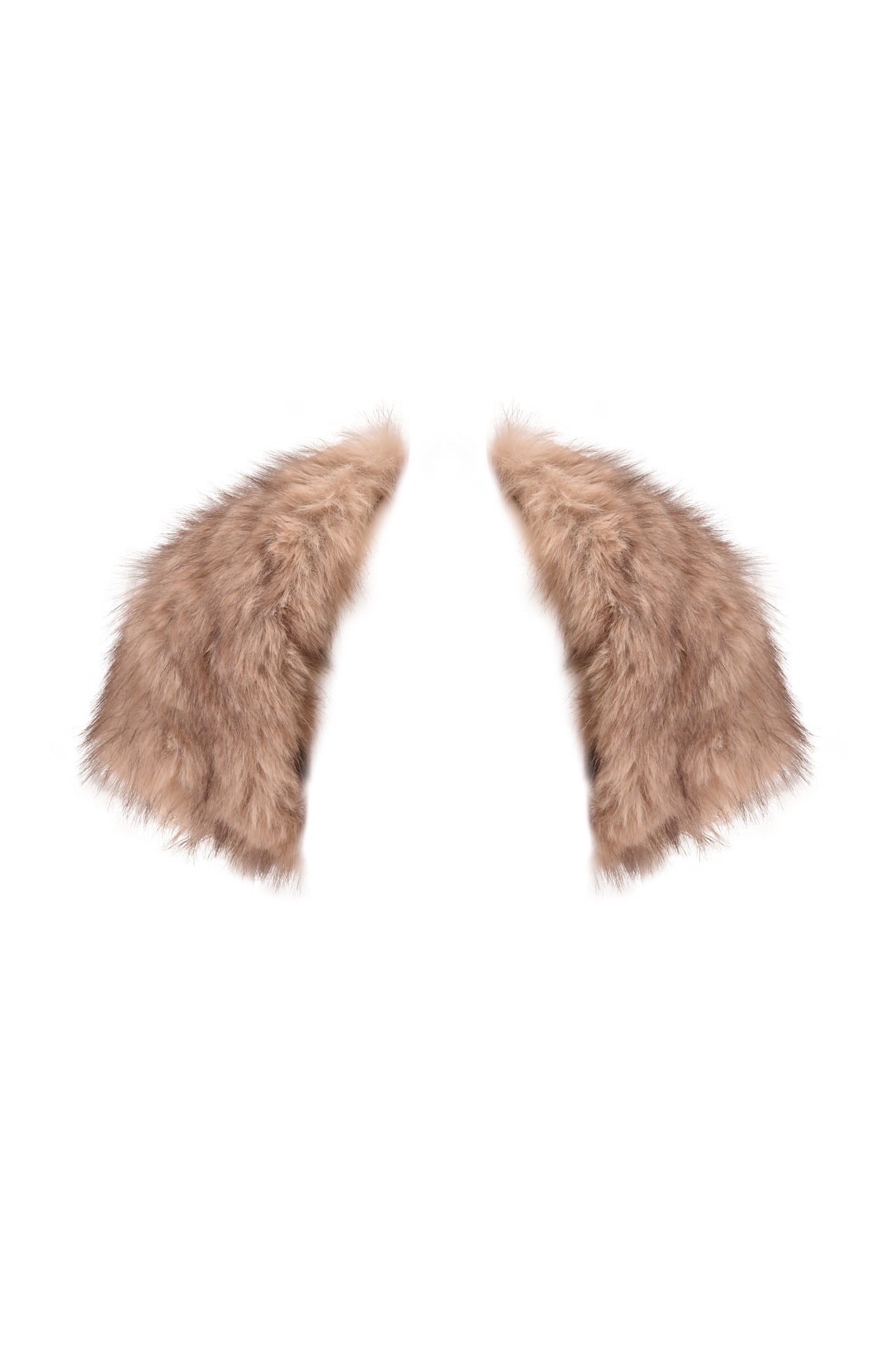 Two fluffy, light brown (taupe) faux fur pieces are arranged symmetrically on a white background, resembling the cap sleeves of the ALBA FAUX FUR CAP SLEEVE BOLERO by I.AM.GIA—perfect statement accents for this cropped bolero design.