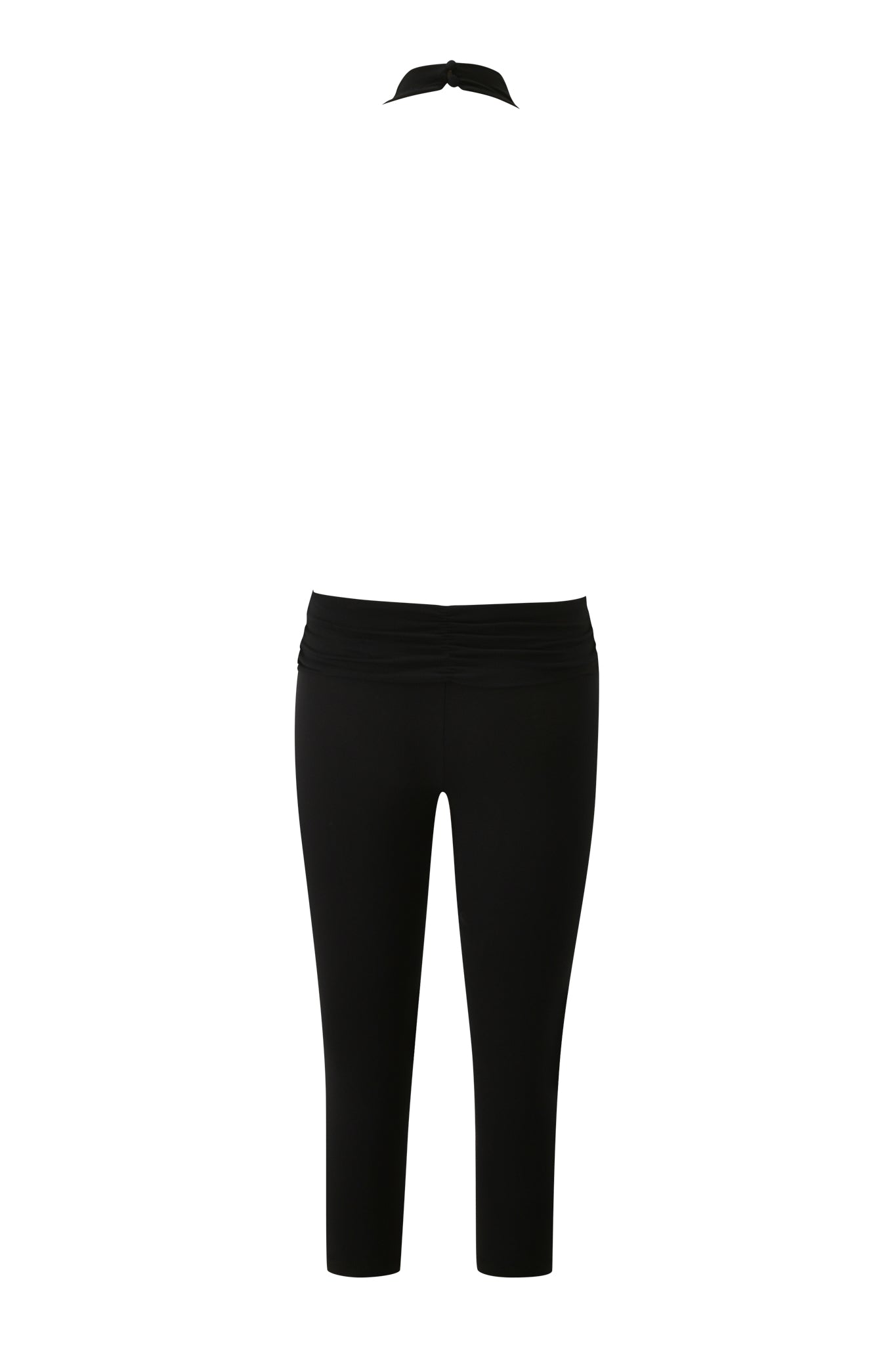 The KAIRA JUMPSUIT - BLACK by I.AM.GIA is shown on a plain white background. This black jumpsuit features a high waist, cropped legs, and a ruched waistband detail.