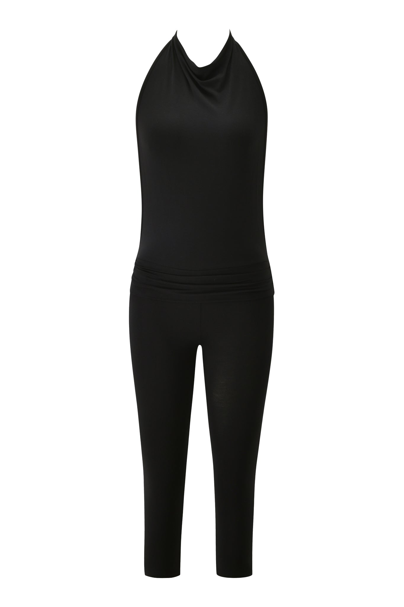 The I.AM.GIA KAIRA JUMPSUIT - BLACK is a sleeveless capri jumpsuit with a draped neckline, fitted cropped legs, and a ruched waistband, shown on a white background.