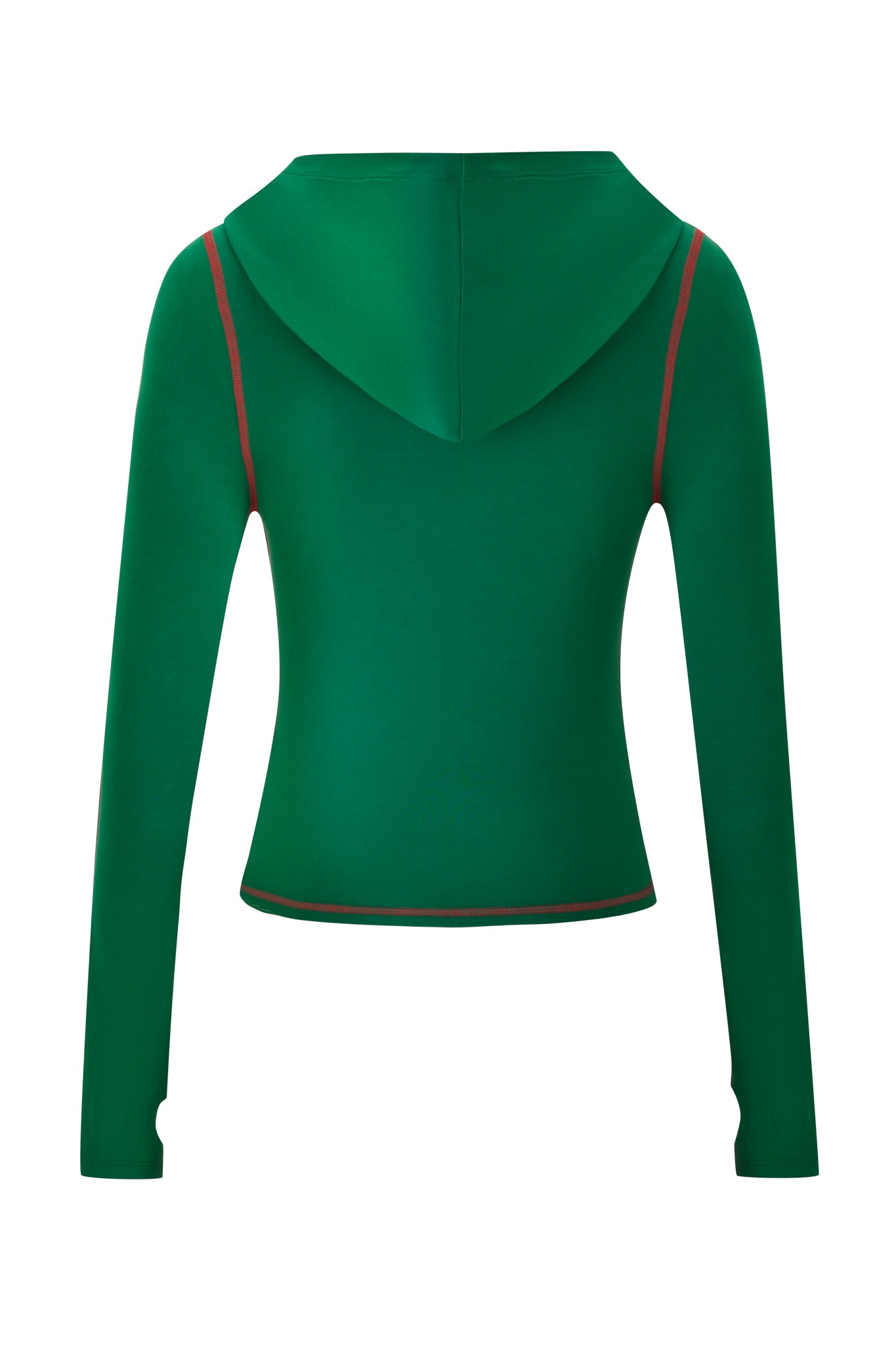 The BLARE SPORT HOODIE AND HEADBAND - GREEN by I.AM.GIA is a sporty, green hoodie with long sleeves, slim red piping on the shoulders and hem, and a buttery-soft, slightly fitted fabric for comfort. Shown from the back.