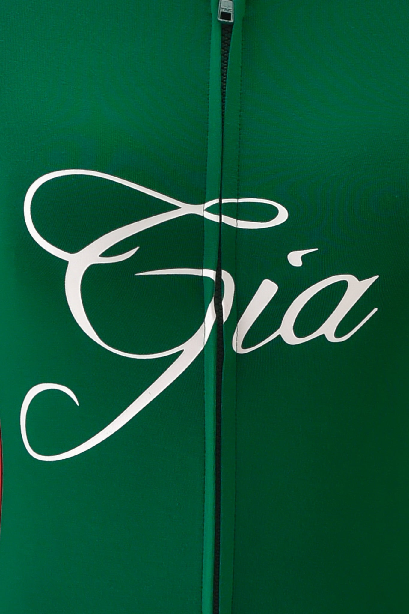 Close-up of buttery-soft fabric with "Gia" in elegant white cursive, inspired by the I.AM.GIA BLARE SPORT HOODIE AND HEADBAND - GREEN.