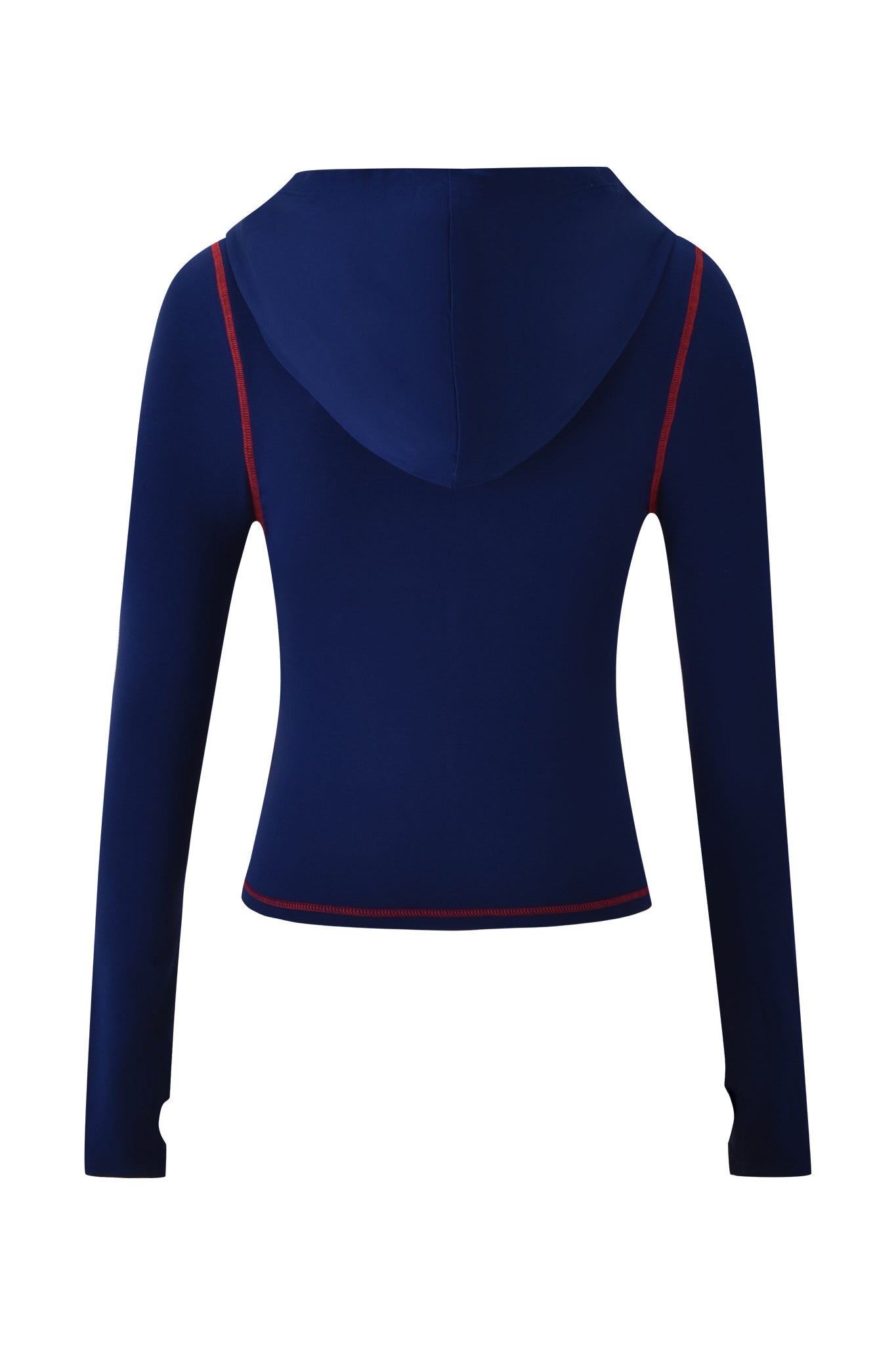 The I.AM.GIA BLARE SPORT HOODIE AND HEADBAND in navy features red stitching on the shoulders and hem, crafted from buttery-soft fabric with a fitted, slightly cropped silhouette, shown from the back.