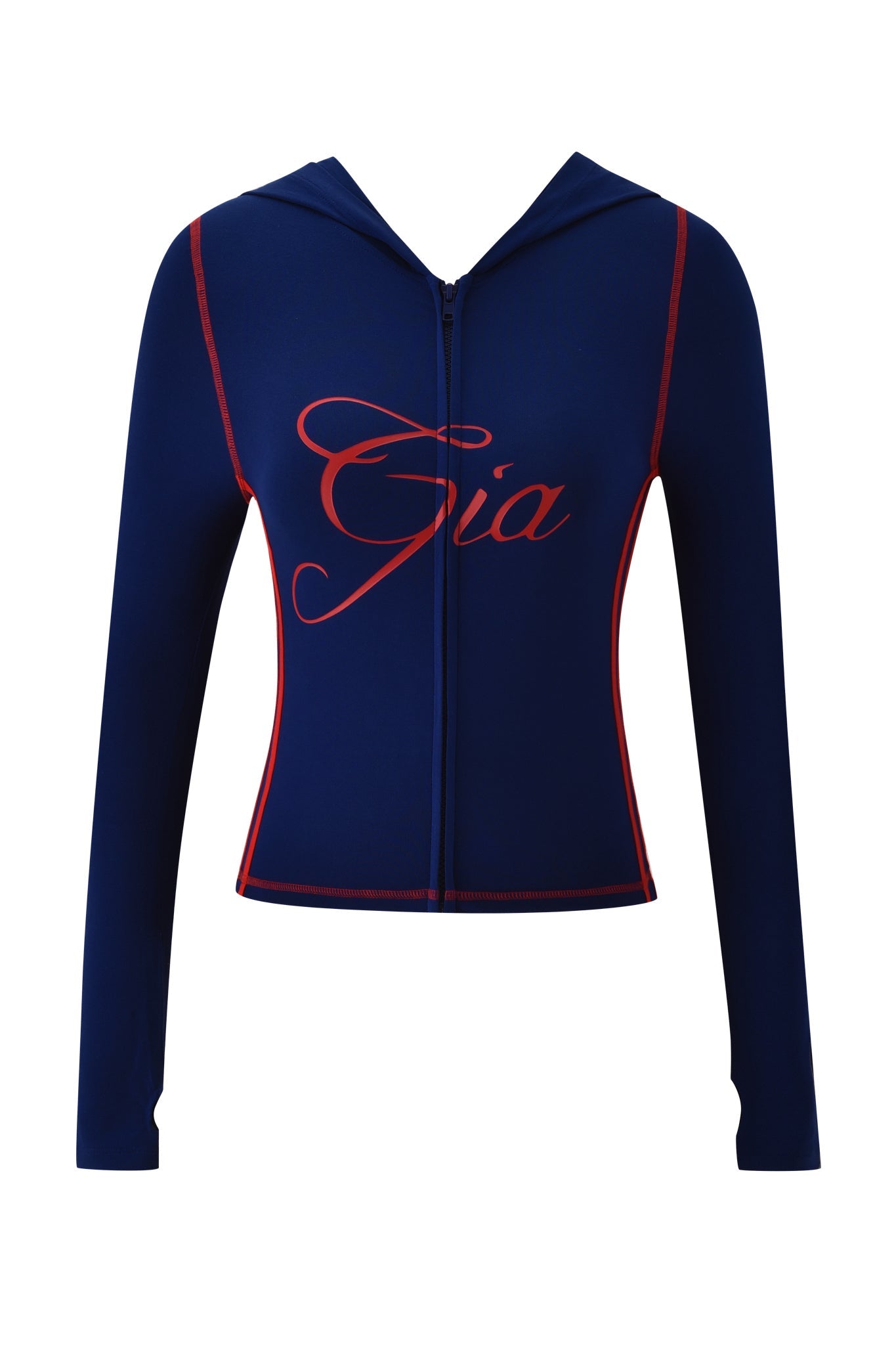 The BLARE SPORT HOODIE AND HEADBAND - NAVY by I.AM.GIA features a bodycon fit, long sleeves, zip-up front, red piping, and "Gia" in bold red cursive across the chest.
