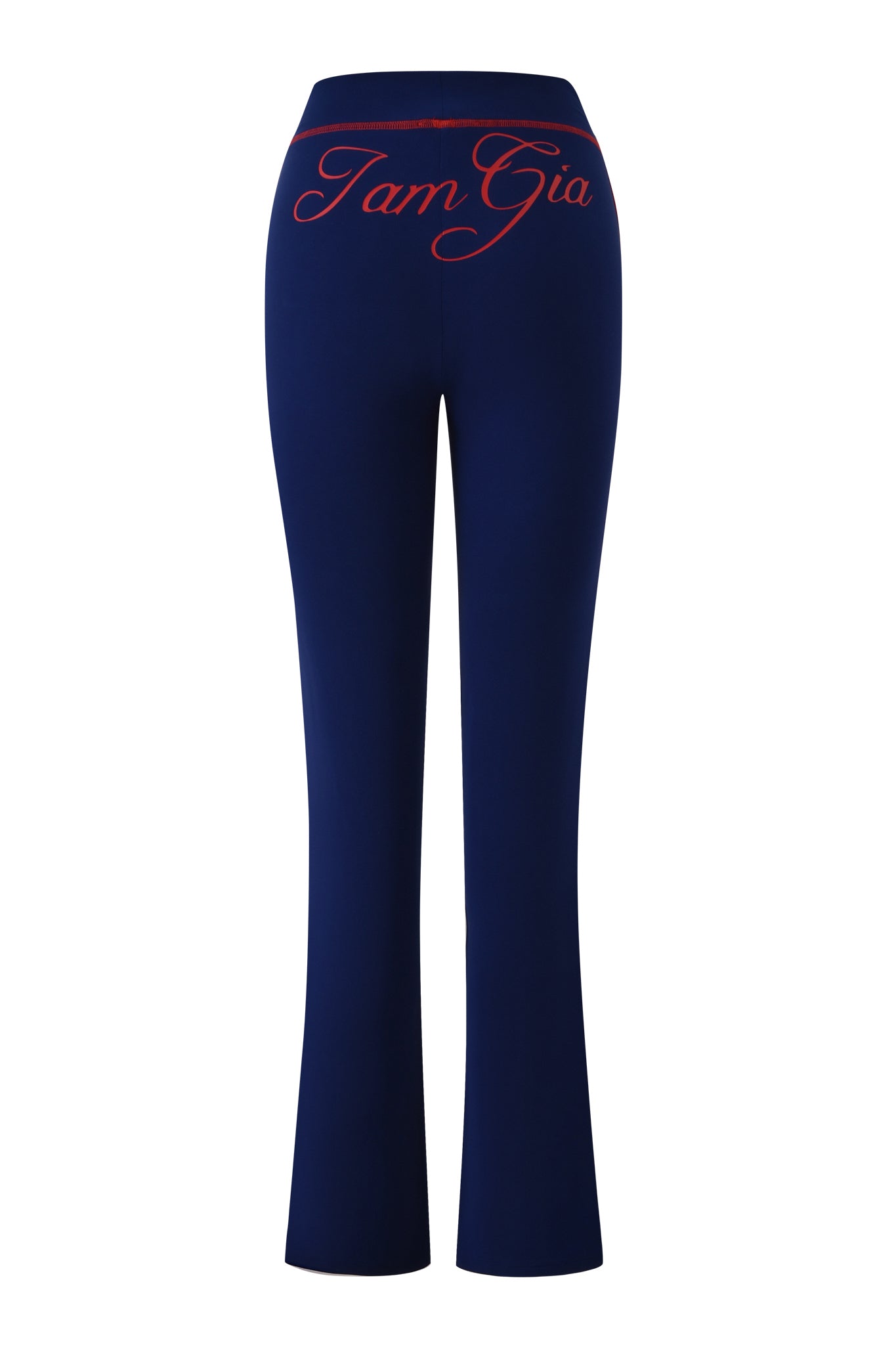 The BLARE SPORT TRACKPANT - NAVY by I.AM.GIA features a flared design, viewed from the back, with bold red "I.AM.GIA" script on the waistband and crafted from buttery-soft fabric for maximum comfort.