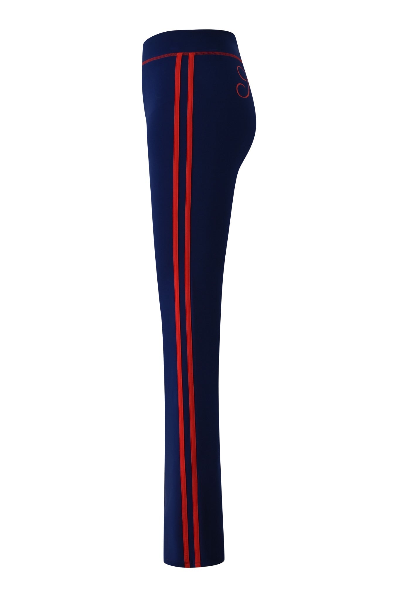 Side view of the I.AM.GIA BLARE SPORT TRACKPANT - NAVY, featuring red vertical leg stripes, a small red embroidered hip detail, and crafted from buttery-soft fabric.
