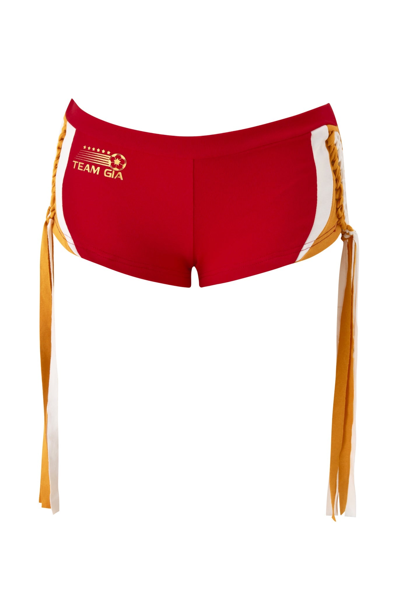 The I.AM.GIA NOVIA MICRO SPORT SHORT - RED features red stretch cotton, white side stripes, gold braided side ties, a low-rise waist, and "TEAM GIA" with a running figure printed in yellow on the left front.