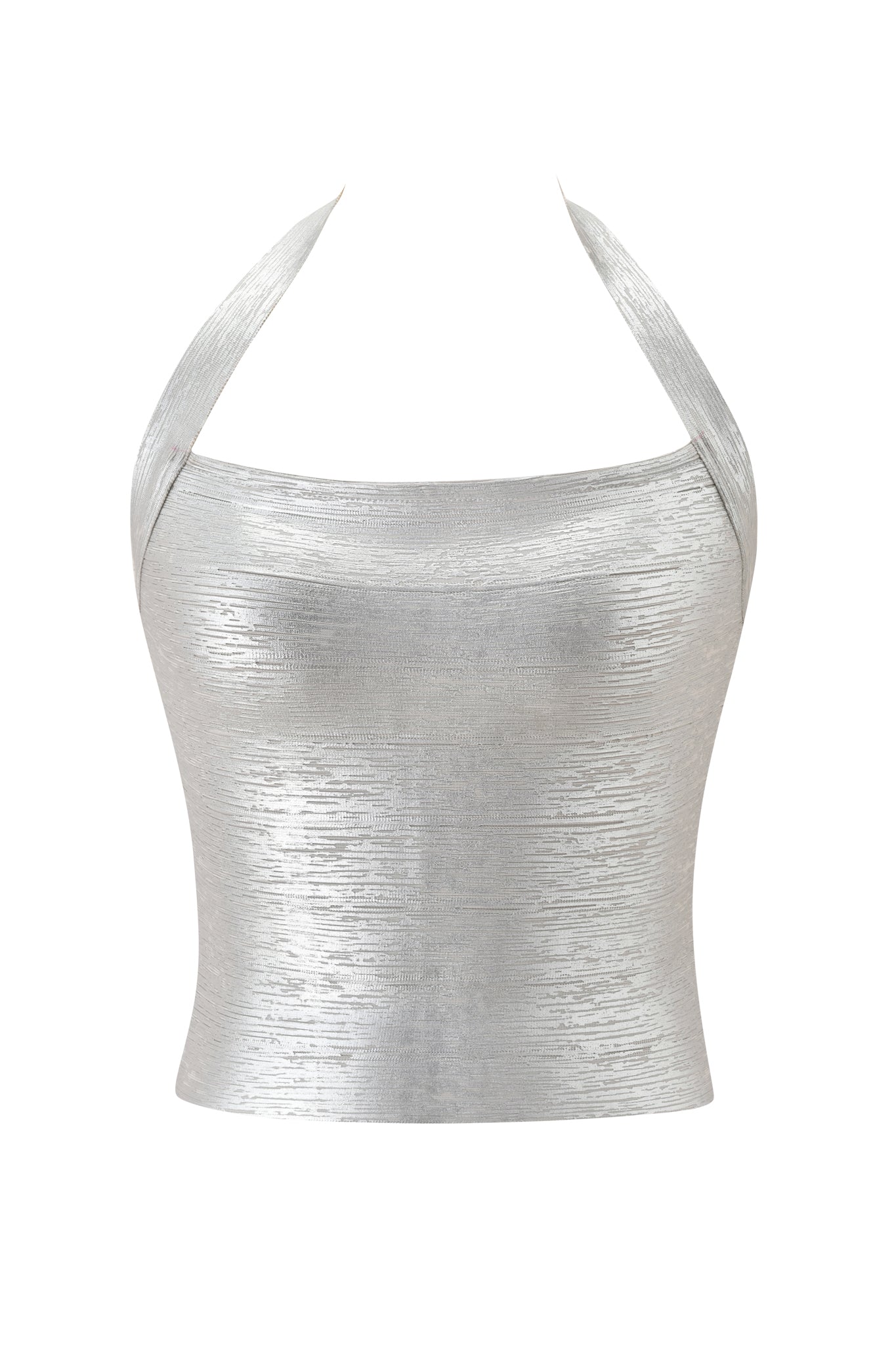 The I.AM.GIA Aiden Platinum Bandage Top in silver is a metallic halter top with premium textured knit fabric, a fitted strapless silhouette, and an open back.