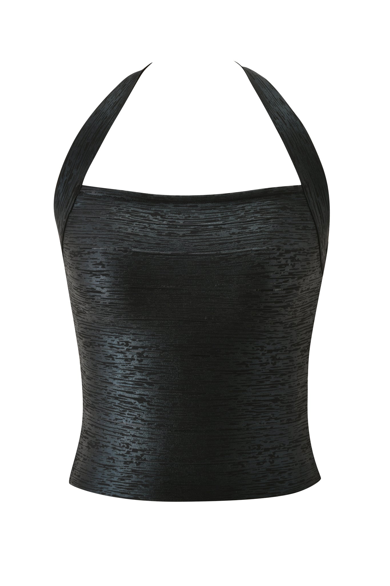 The AIDEN PLATINUM BANDAGE TOP - BLACK by I.AM.GIA is a sleeveless halter top featuring a textured metallic finish, a straight neckline, and a fitted bandage-style bodycon silhouette, shown against a white background.