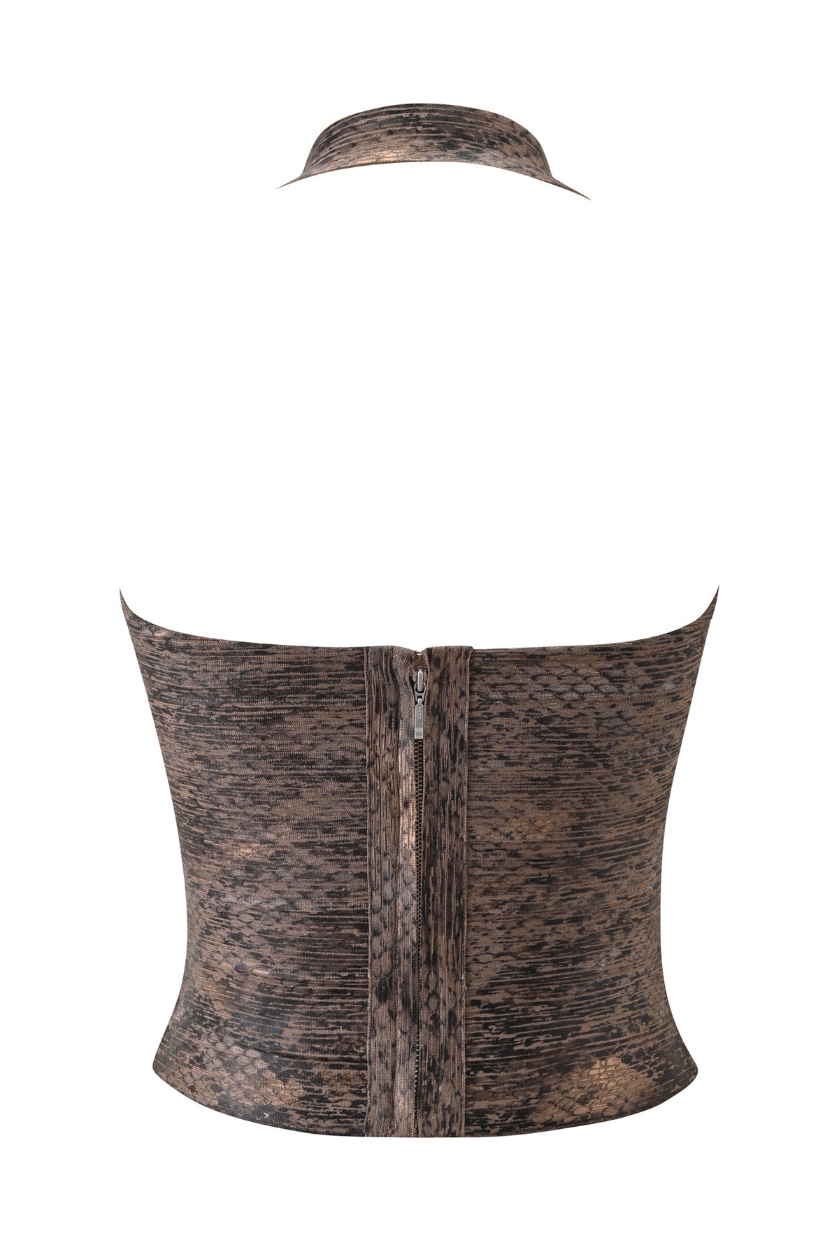 The AIDEN PLATINUM BANDAGE TOP - BRONZE PYTHON by I.AM.GIA, featuring a bronze python snakeskin pattern with a high collar and front zipper, is displayed against a white background.