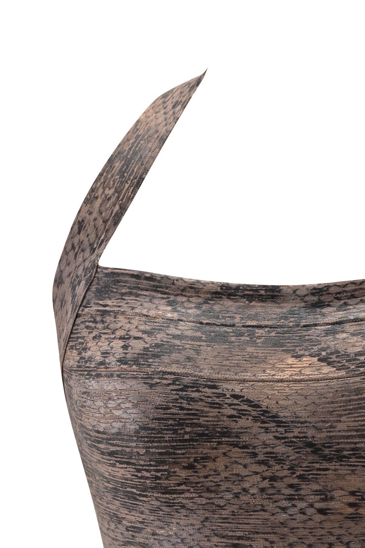 Close-up of the I.AM.GIA AIDEN PLATINUM BANDAGE TOP - BRONZE PYTHON, a brown, reptile-inspired sleeveless top featuring a single shoulder strap, set against a white background.