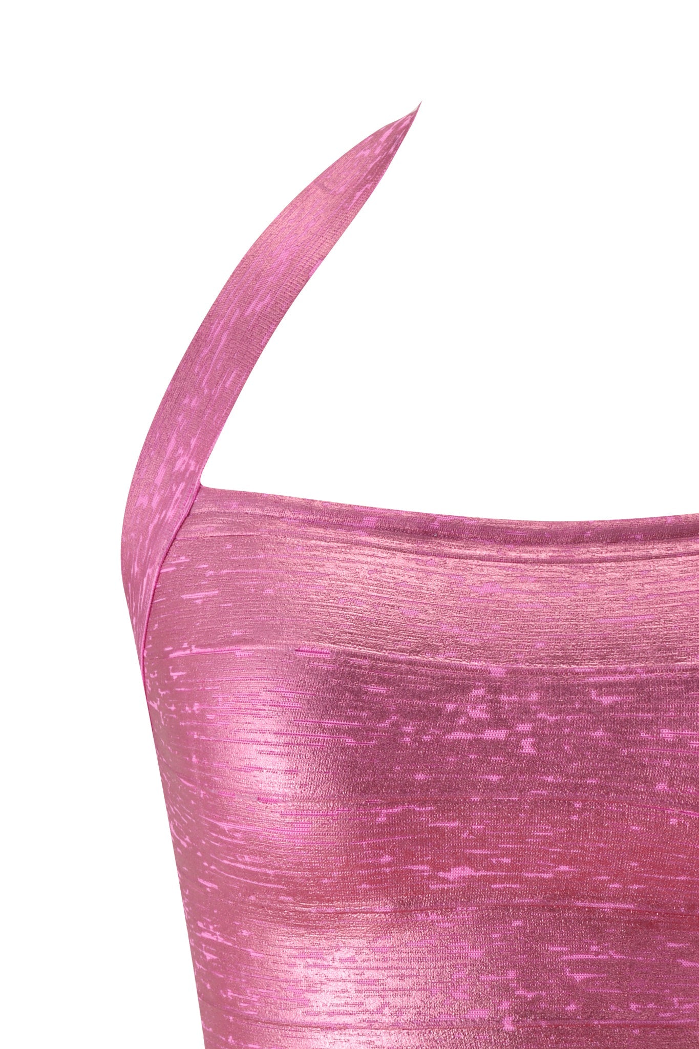 Close-up of the AIDEN PLATINUM BANDAGE TOP in fuchsia by I.AM.GIA, featuring a shiny, textured premium knit fabric with a single asymmetrical shoulder strap on a bandage-style bodycon silhouette, set against a white background.