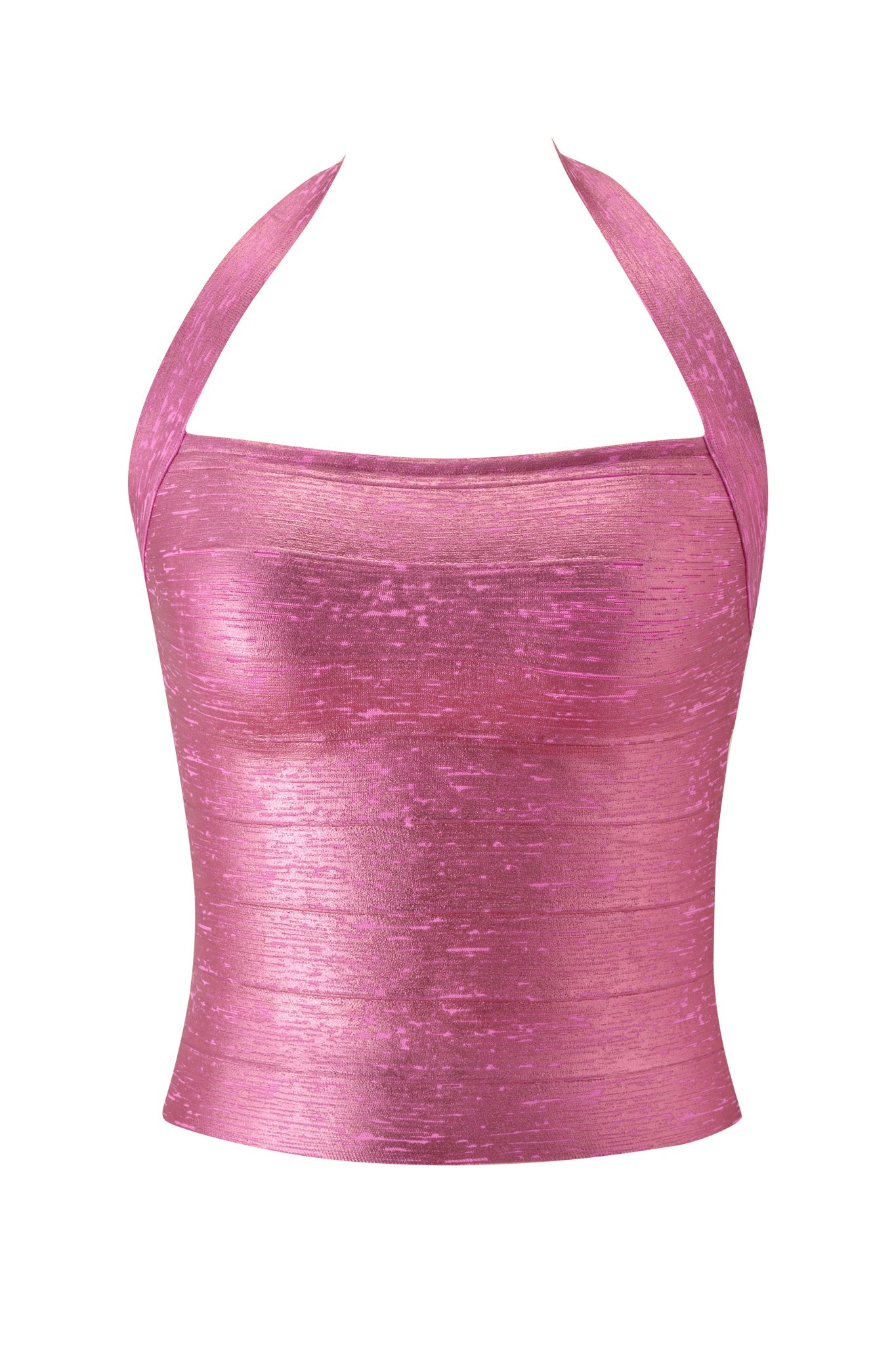 The AIDEN PLATINUM BANDAGE TOP - FUCHSIA by I.AM.GIA is a metallic fuchsia halter top featuring a sleeveless, bodycon bandage silhouette with a wrap-around neck strap, crafted from premium knit fabric and showcased against a plain white background.