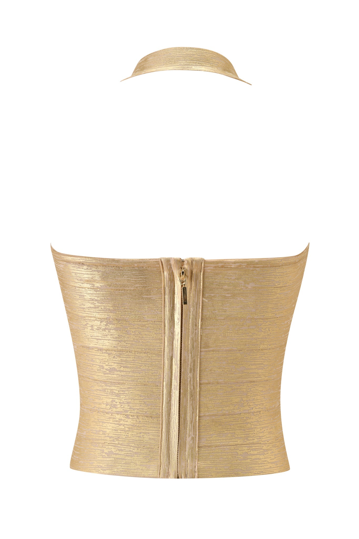 The AIDEN PLATINUM BANDAGE TOP by I.AM.GIA features a strapless, metallic gold textured design with a visible back zipper, matching choker, and premium shiny knit fabrication for an elevated look.