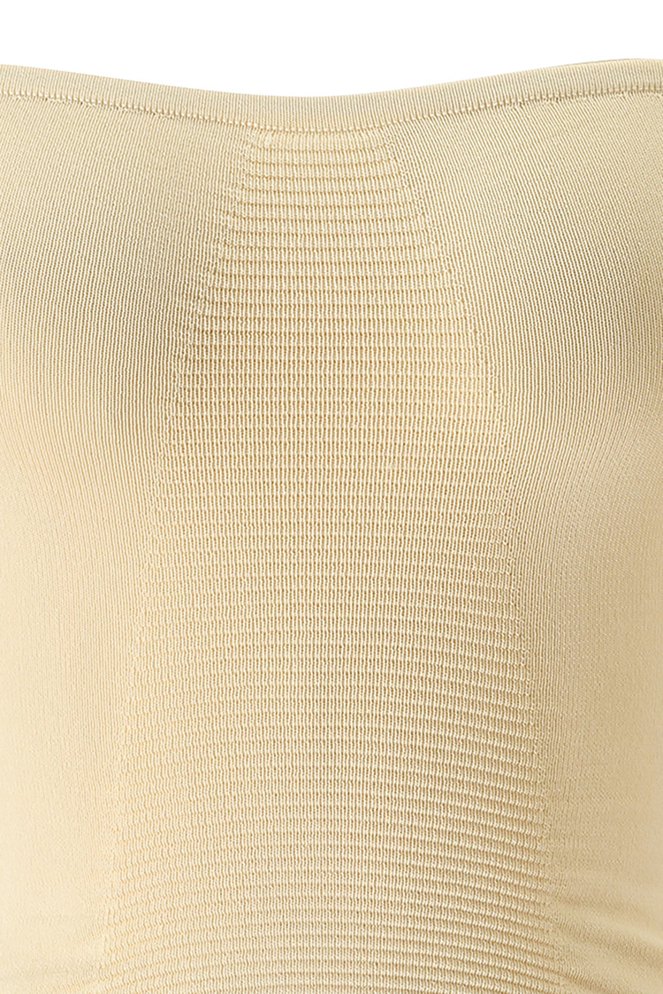 Close-up of the ZENDAYA KNIT TUBE TOP in Cream by I.AM.GIA, highlighting the ribbed, seamless knit fabric and its stretch. The image focuses on the upper front portion of this bodycon tube top, showcasing its texture.