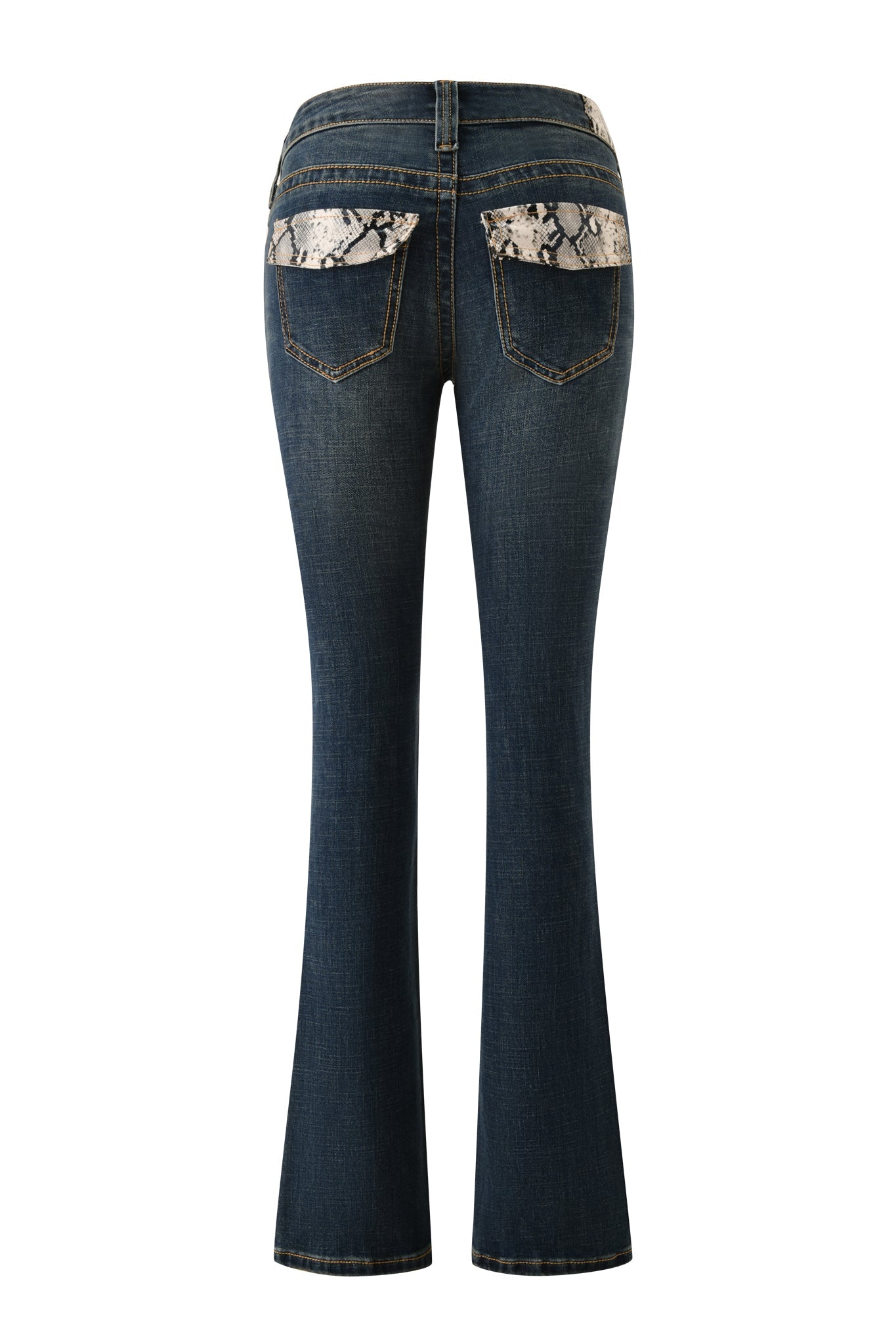 The BIANKA JEAN - BLUE by I.AM.GIA is a dark blue denim style seen from the back, showcasing a low-rise fit with two back pockets highlighted by a snakeskin print and contrasting brown stitching throughout.