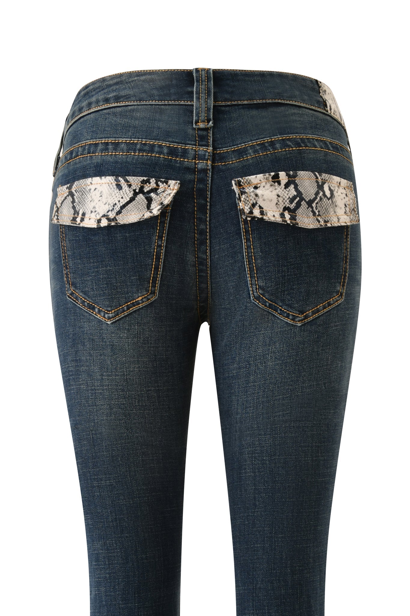The BIANKA JEAN - BLUE by I.AM.GIA is shown from the back, featuring a slim straight-leg silhouette and a flattering low-rise fit. The jeans are designed with two rear pockets accented by snake print flaps and detailed with visible gold stitching.