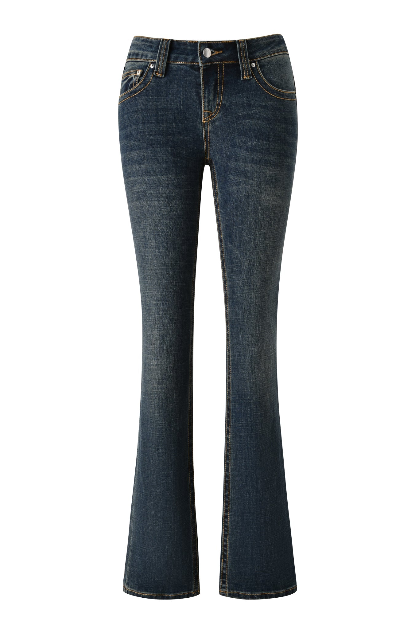 Introducing the BIANKA JEAN - BLUE by I.AM.GIA: a pair of blue bootcut jeans featuring a flattering low-rise fit, slight thigh fading, contrast stitching, front and back pockets, and a classic button closure for added style.
