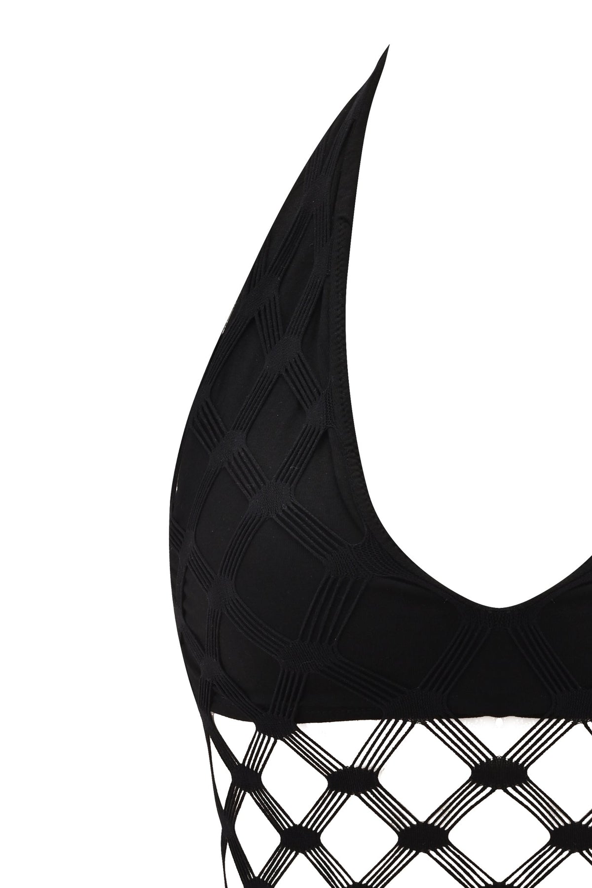 ZOREEN TOP - BLACK midi dress with a halter neckline and diamond-patterned cutout texture.