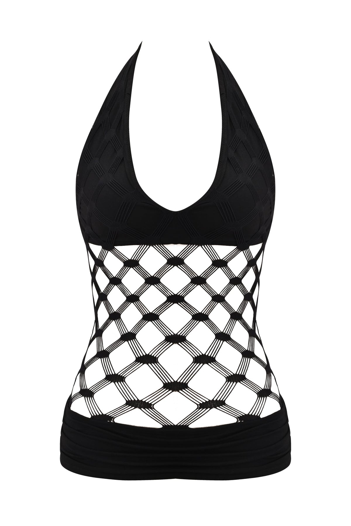 Black ZOREEN TOP - BLACK midi dress featuring solid bamboo viscose jersey panels at the bust and waist connected by a large-scale fishnet midsection.