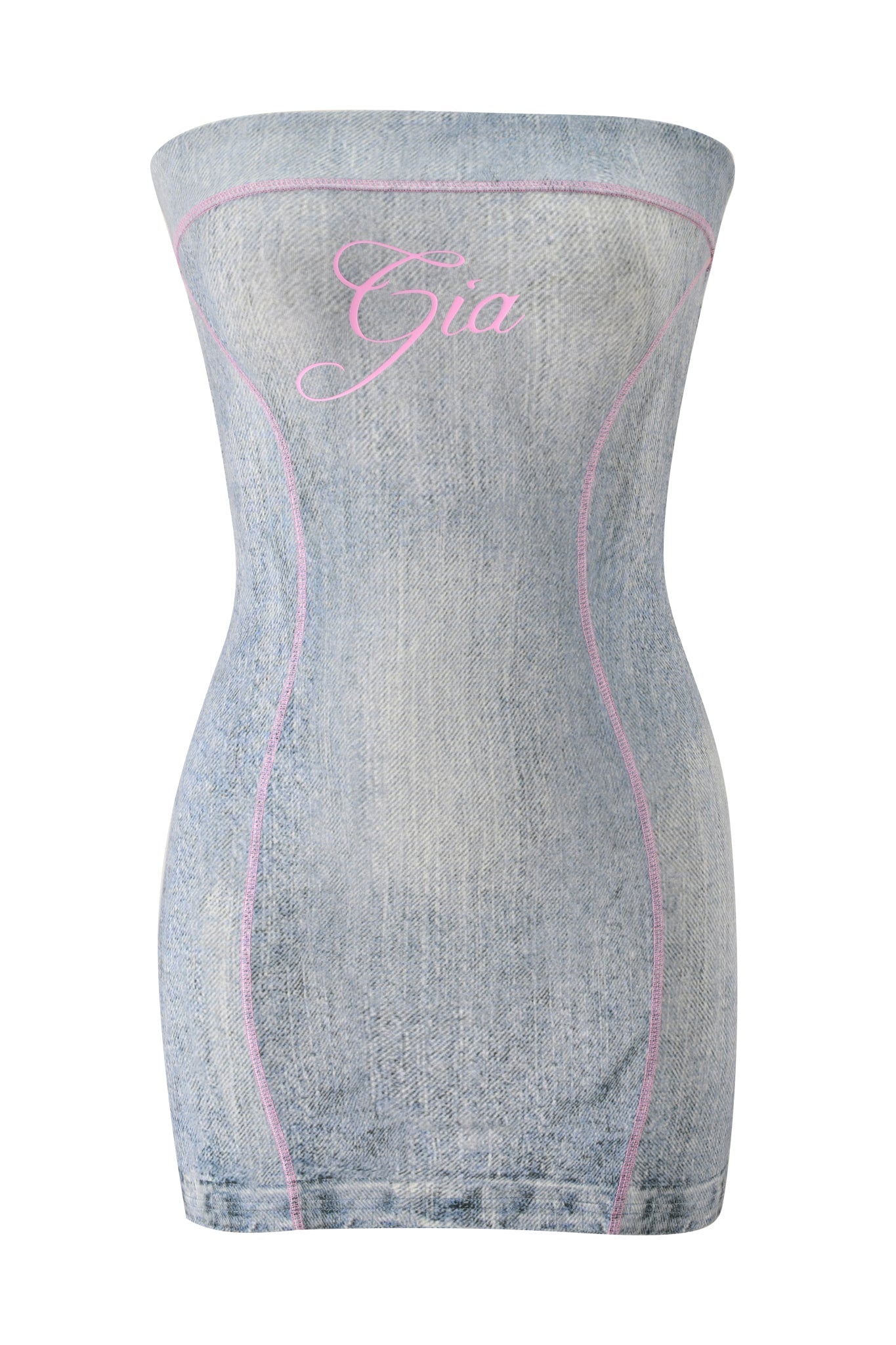 The I.AM.GIA BLARE TUBE MINI DRESS - DENIM TROMPE L'OEIL is a strapless, denim bodycon mini with pink piping and "Gia" in pink script across the chest, blending edgy style and feminine flair.