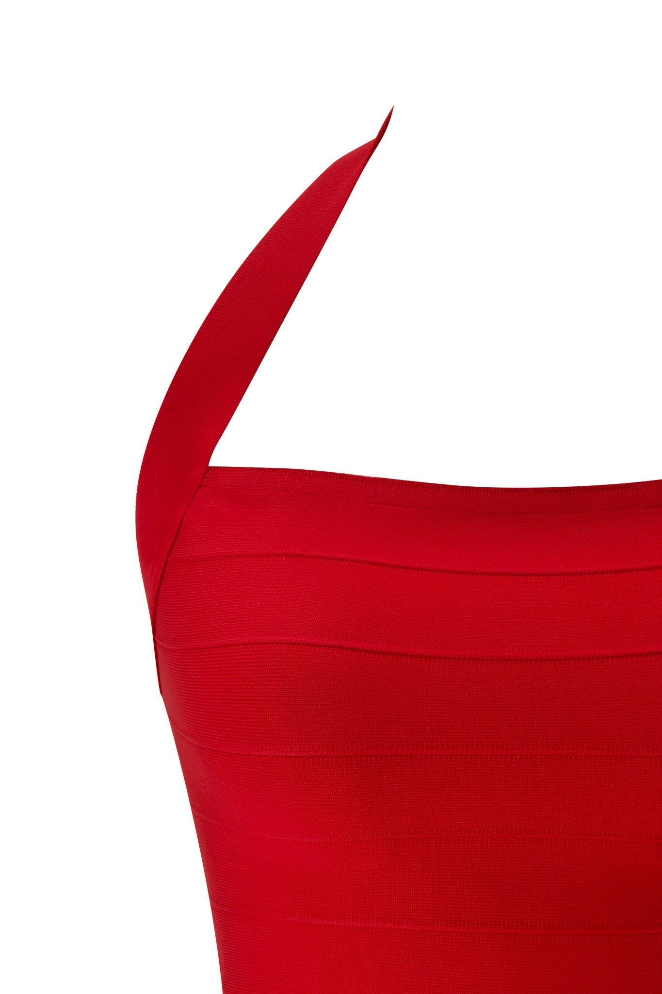 Close-up of I.AM.GIA’s AIDEN BANDAGE TOP in red, featuring a single wide shoulder strap and premium heavyweight knit for a bold bodycon look. Set against a white background to highlight its striking silhouette.