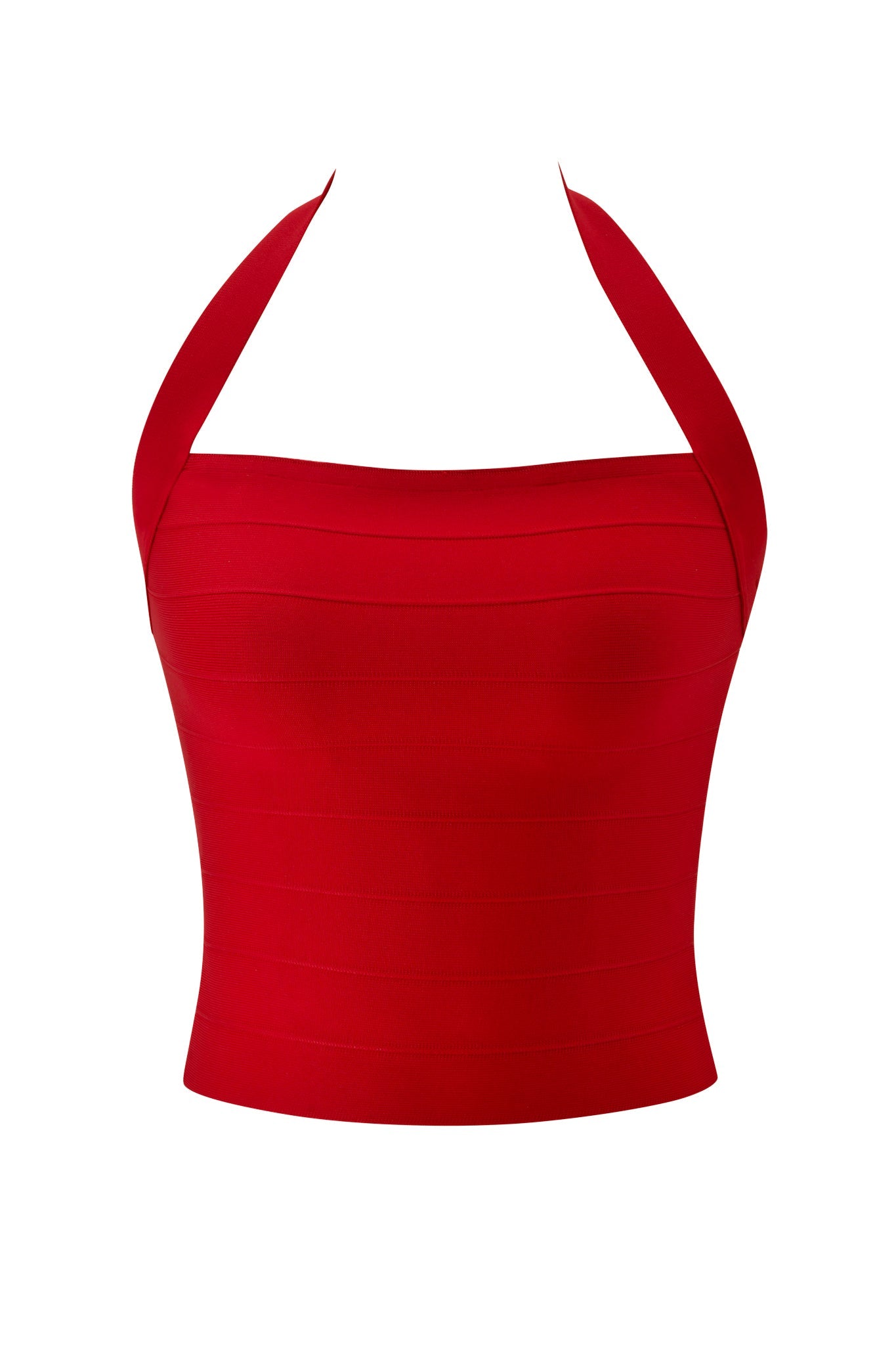 The AIDEN BANDAGE TOP - RED by I.AM.GIA is a sleeveless, fitted halter top made from premium heavyweight knit, shown on a plain white background.