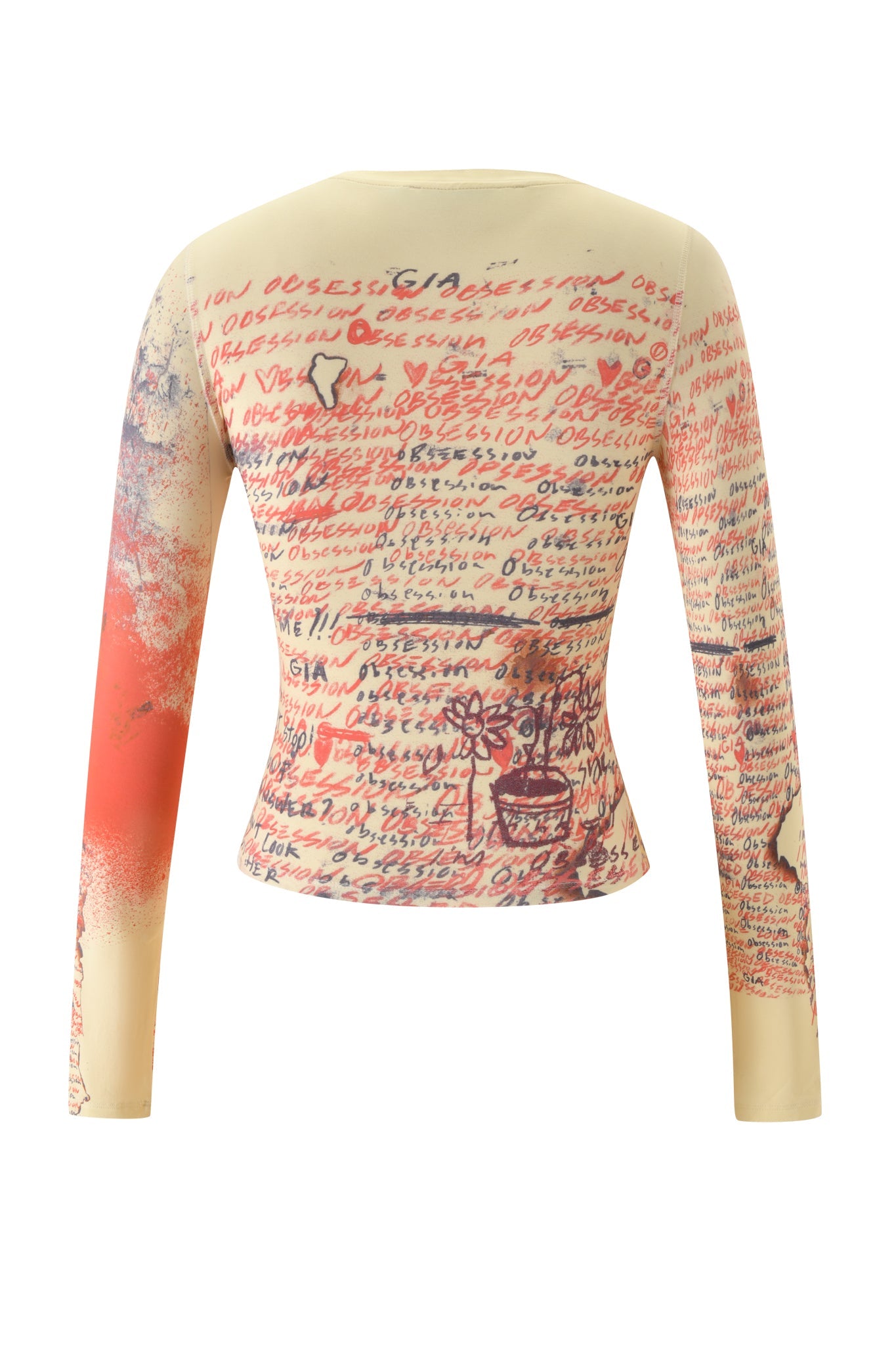 I.AM.GIA T-REX BLARE 2.0 LONG SLEEVE TEE in yellow, a fitted long-sleeve top with an all-over print of handwritten red and black text and sketch-like floral drawings, featuring a pinkish-red color gradient on the right sleeve, shown from the back.