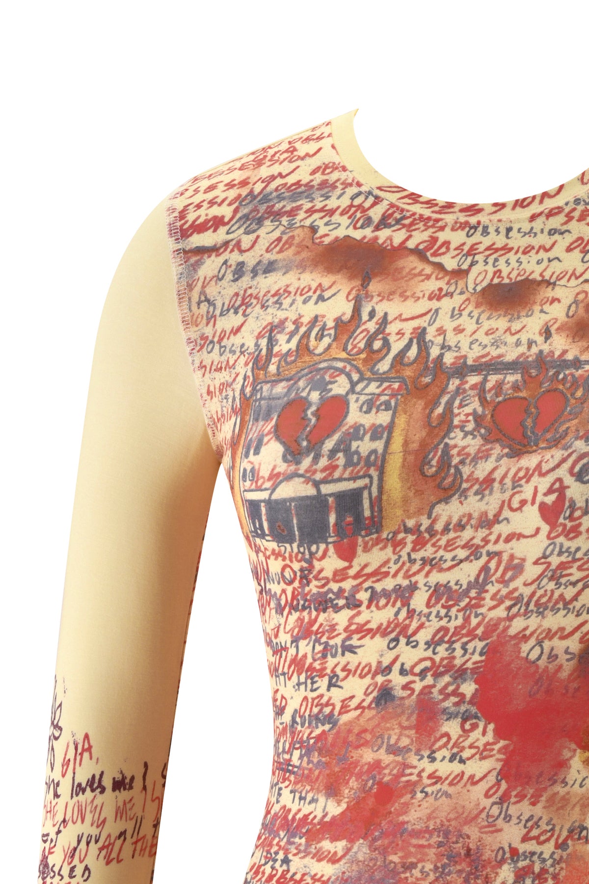 The I.AM.GIA T-REX BLARE 2.0 LONG SLEEVE TEE in yellow features a graphic print with handwritten text, cracked and flaming red hearts, and red smudges as design elements on the chest and shoulders.
