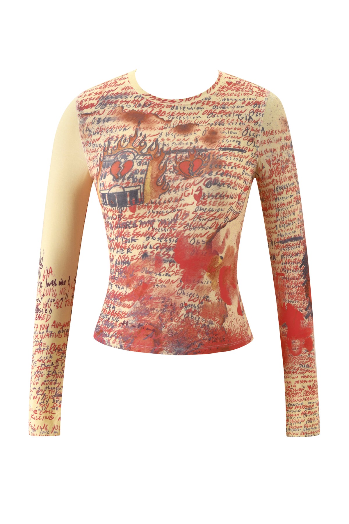 The I.AM.GIA T-REX BLARE 2.0 Long Sleeve Tee in yellow features a fitted crewneck design adorned with handwritten text, artistic sketches, and bold red paint splatters for a distinctive graffiti-inspired look against its vibrant background.