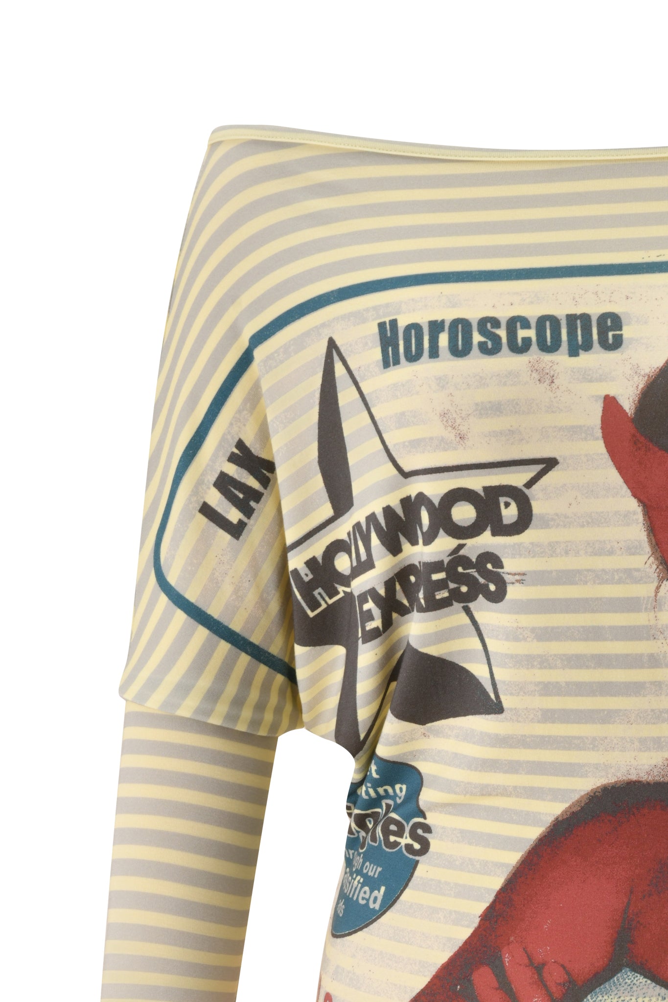 Close-up of the I.AM.GIA T-REX GISELLE OFF SHOULDER MINI DRESS in yellow, featuring bold yellow and gray stripes with “Horoscope,” “LAX,” “Hollywood Express,” star graphics, and a hint of red for a striking, statement-making look. This off-shoulder batwing mini dress is reminiscent of a striped shirt style but updated for contemporary edge.
