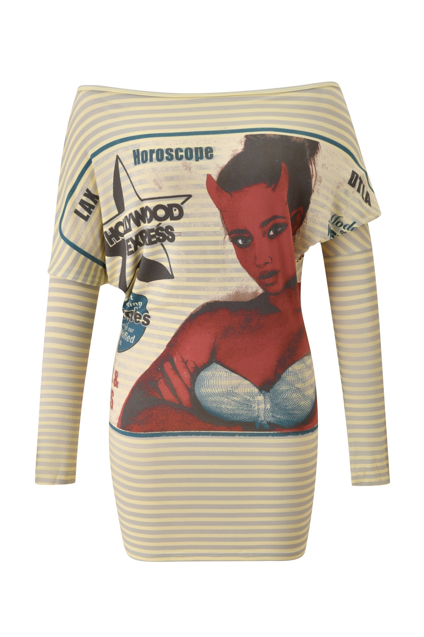 I.AM.GIA’s T-REX GISELLE OFF SHOULDER MINI DRESS in yellow features bold stripes, a striking graphic of a horned, red-skinned woman in a silver top, and is accented with I.AM.GIA branding amidst newspaper-inspired text and images.