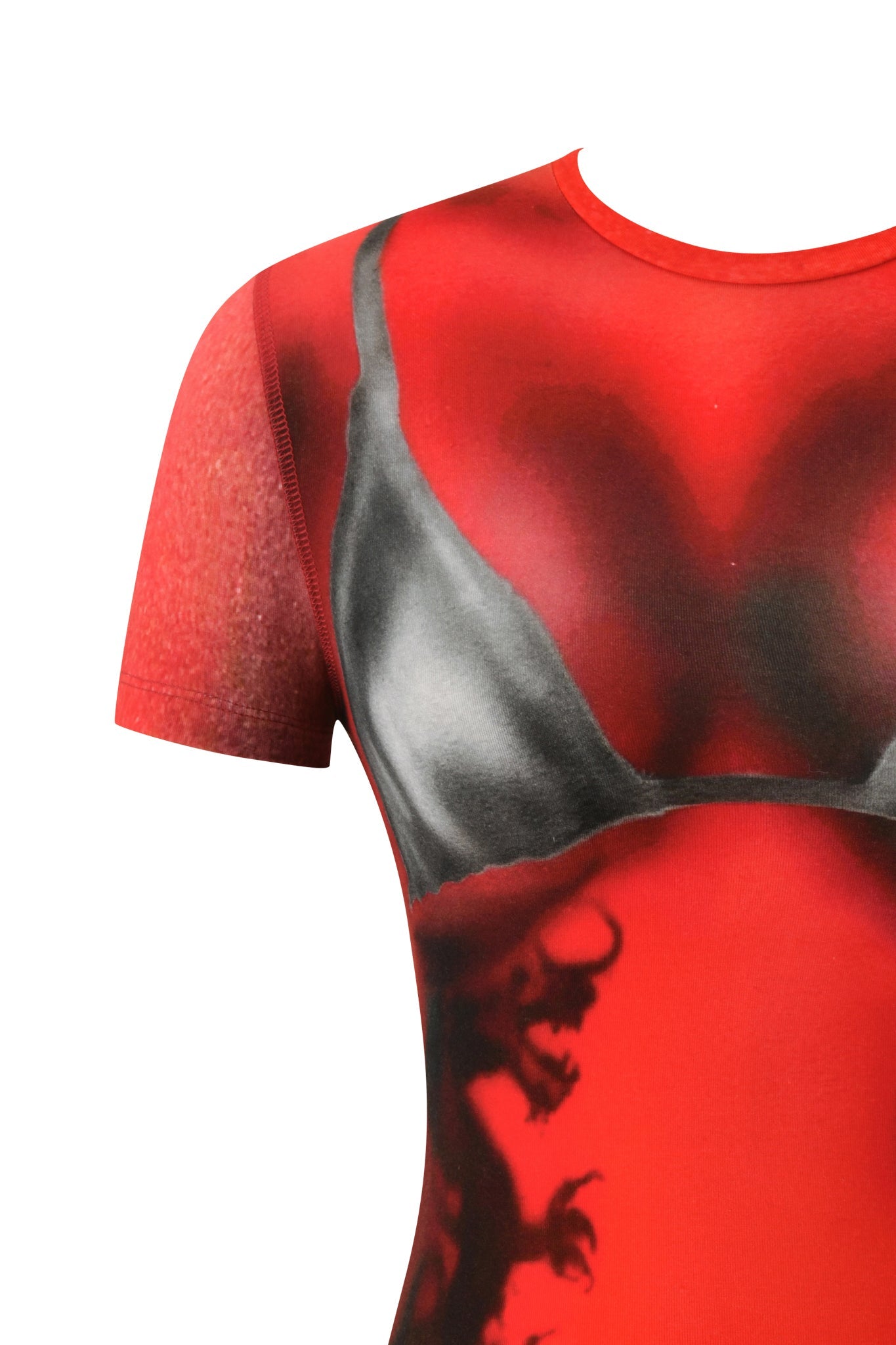 Close-up of the I.AM.GIA T-REX SPRAY BIKINI BLARE TEE in red, featuring a Y2K-inspired graphic print that resembles a black bra with an airbrushed bikini effect and a dark shadowy figure near the waist, set against a white background.