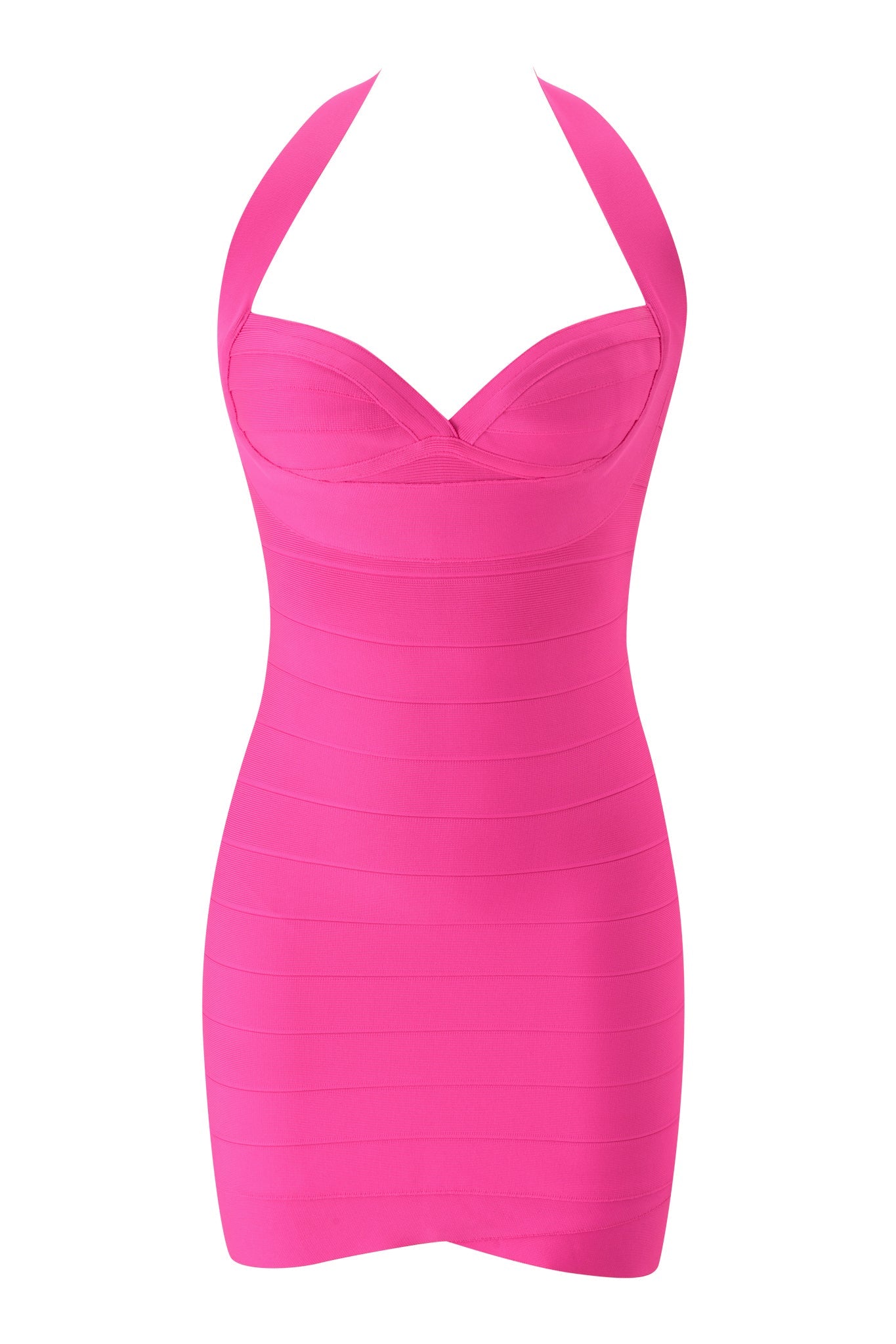 The I.AM.GIA ROSELLA BANDAGE MINI DRESS in neon pink is a vibrant, form-fitting halter mini dress featuring a classic sweetheart neckline and a banded bandage design, displayed against a white background.