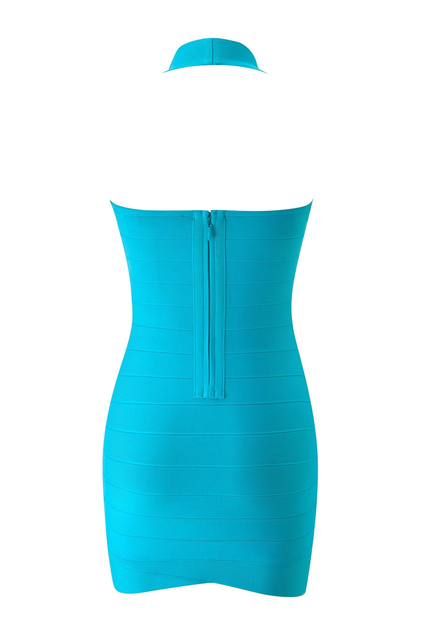The ROSELLA BANDAGE MINI DRESS in Neon Teal by I.AM.GIA features a bodycon silhouette with a halter neck strap and a striking vertical center zipper at the back. This form-fitting mini dress is the perfect choice for a night out on the town.