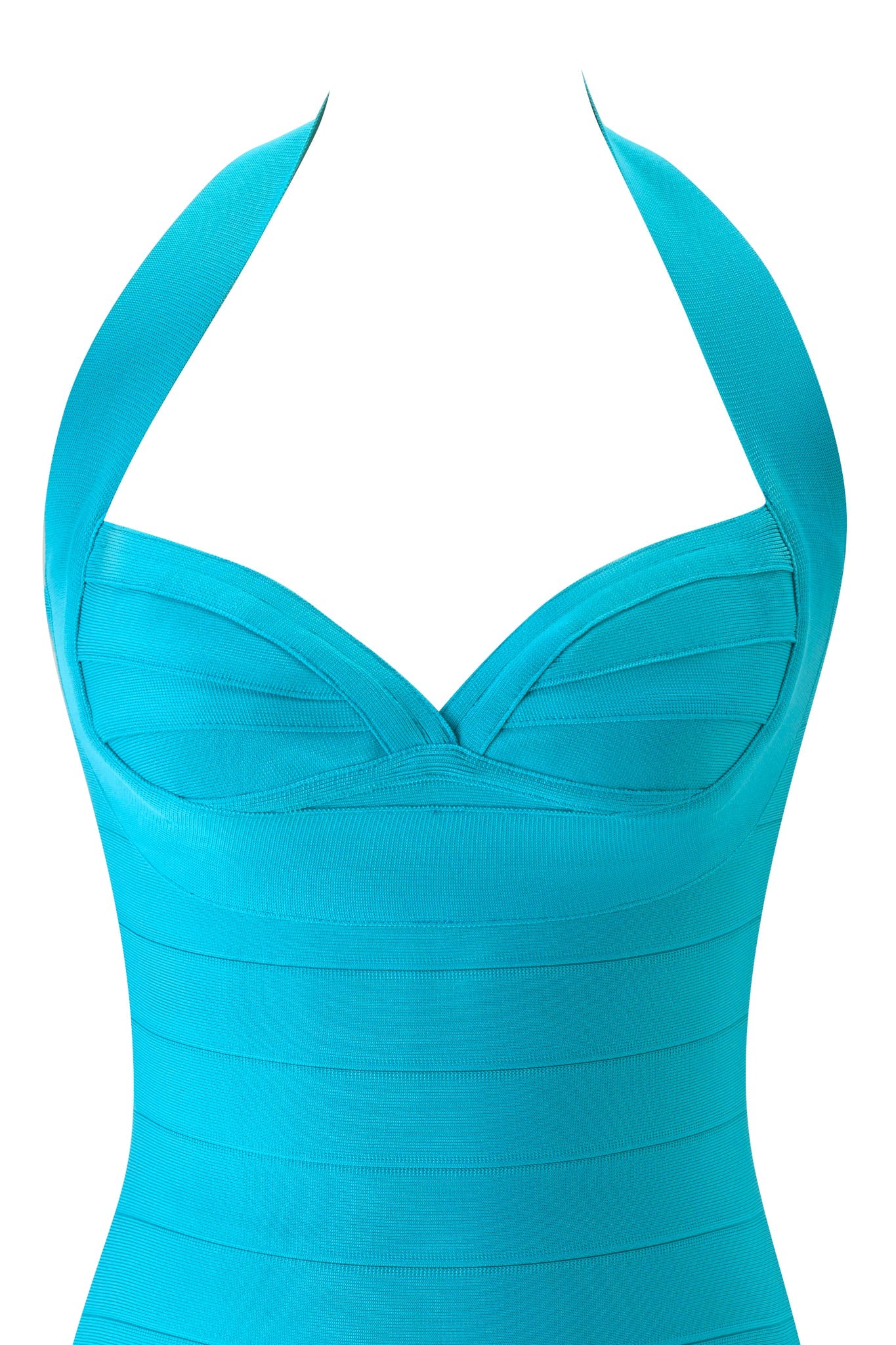 A close-up of the I.AM.GIA ROSELLA BANDAGE MINI DRESS in neon teal showcases its halter-style silhouette, mini length, sweetheart neckline, and striking horizontal band details against a white background. Ideal as a go-to going-out dress, this vibrant bodycon piece radiates standout appeal.