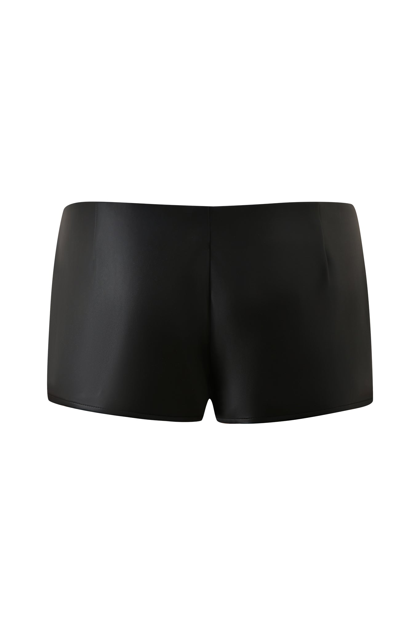 The KESHA MICRO SKORT in black by I.AM.GIA is showcased against a plain white background, featuring a sleek, form-fitting silhouette reminiscent of swim trunks or shorts—presented facing forward with no visible logos or patterns.