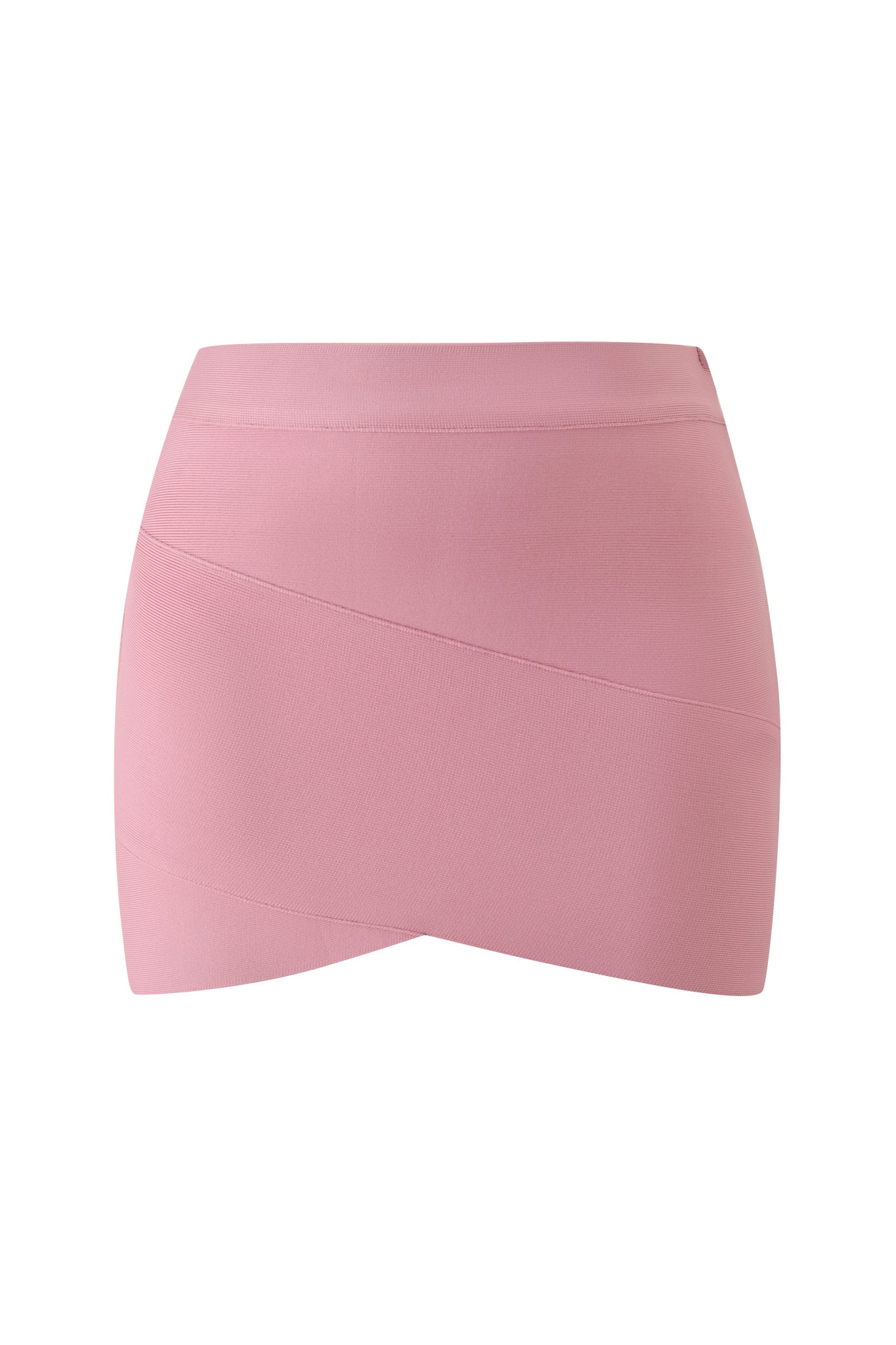 The I.AM.GIA Isela Bandage Mini Skirt in Dusty Rose is a pink, high-waisted mini skirt featuring a fitted design and a subtle diagonal seam across the front.