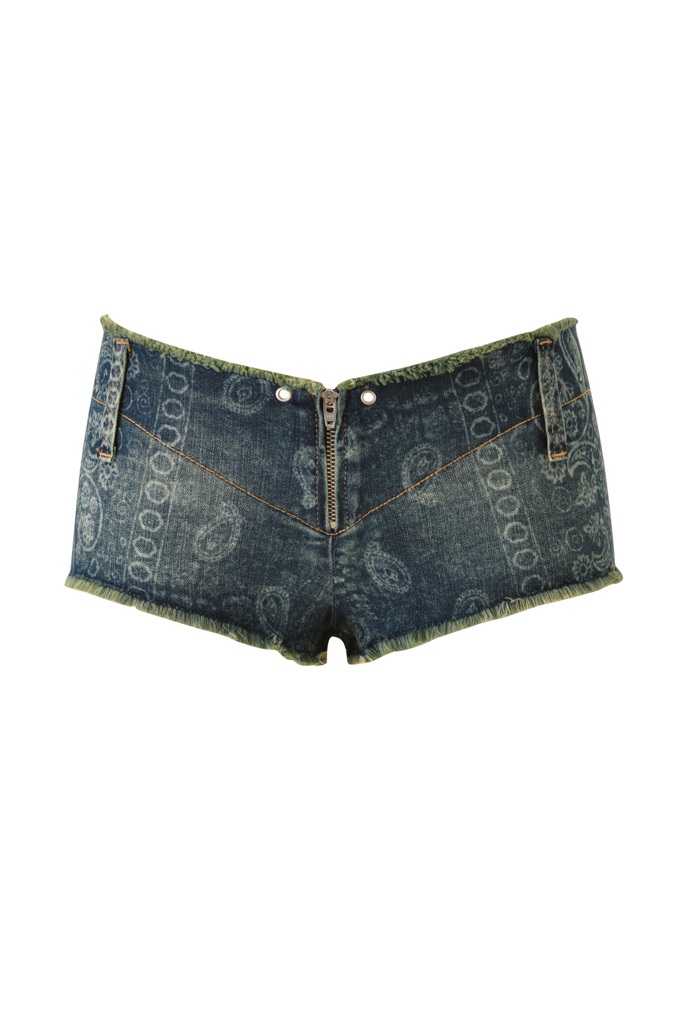 The I.AM.GIA T-REX VEXA MICRO SHORT - BLUE BANDANA showcases a bold paisley bandana print on blue, designed in a low-rise denim silhouette with frayed edges, front zipper, and metal buttons, presented against a white background.