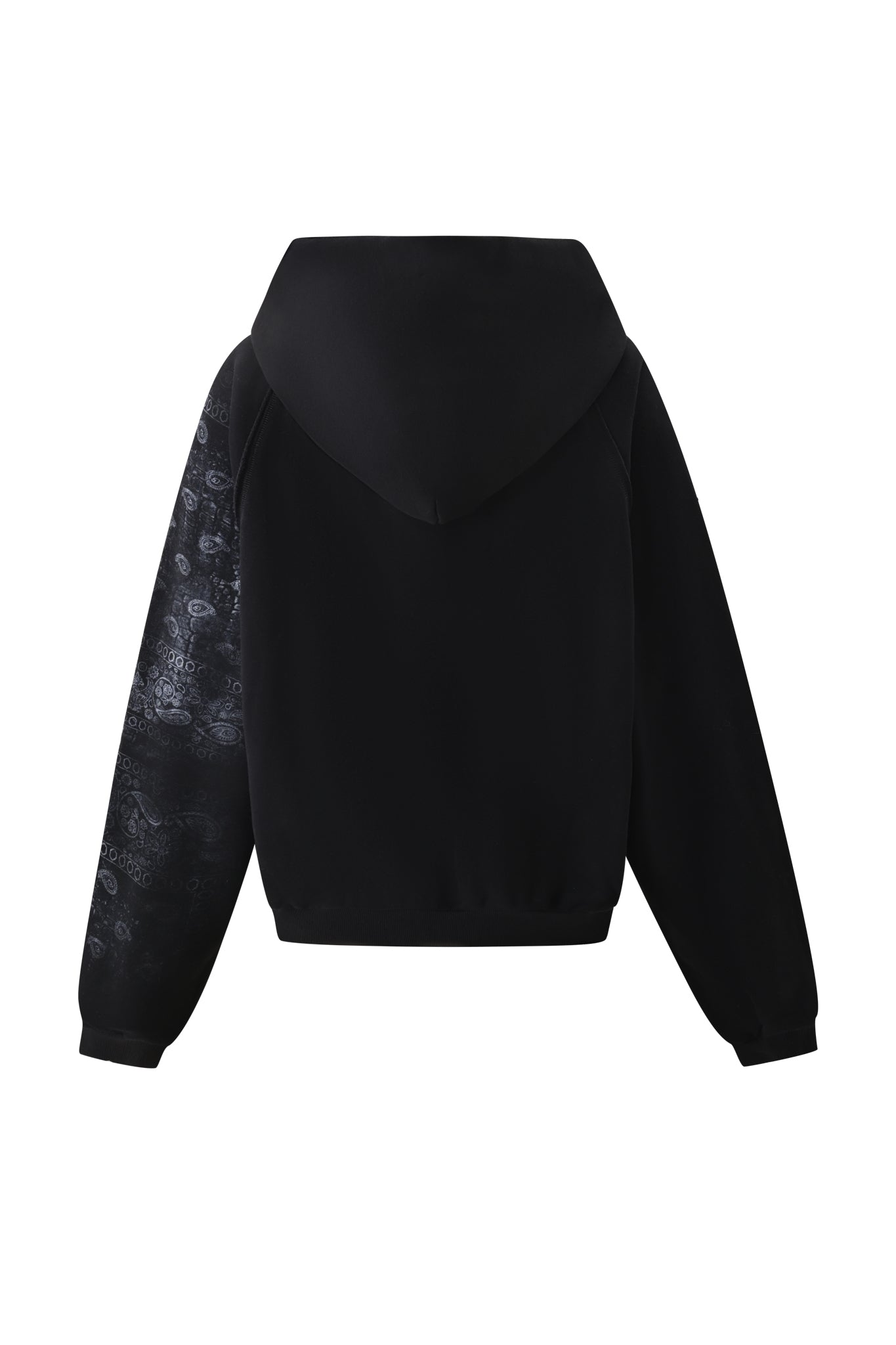 The I.AM.GIA T-REX ZIP THRU HOODIE - BLACK BANDANA features a black, oversized zip-up design with a plain back and hood; one sleeve showcases a subtle dark bandana pattern while the other remains solid black—delivering an effortlessly cool street style look.