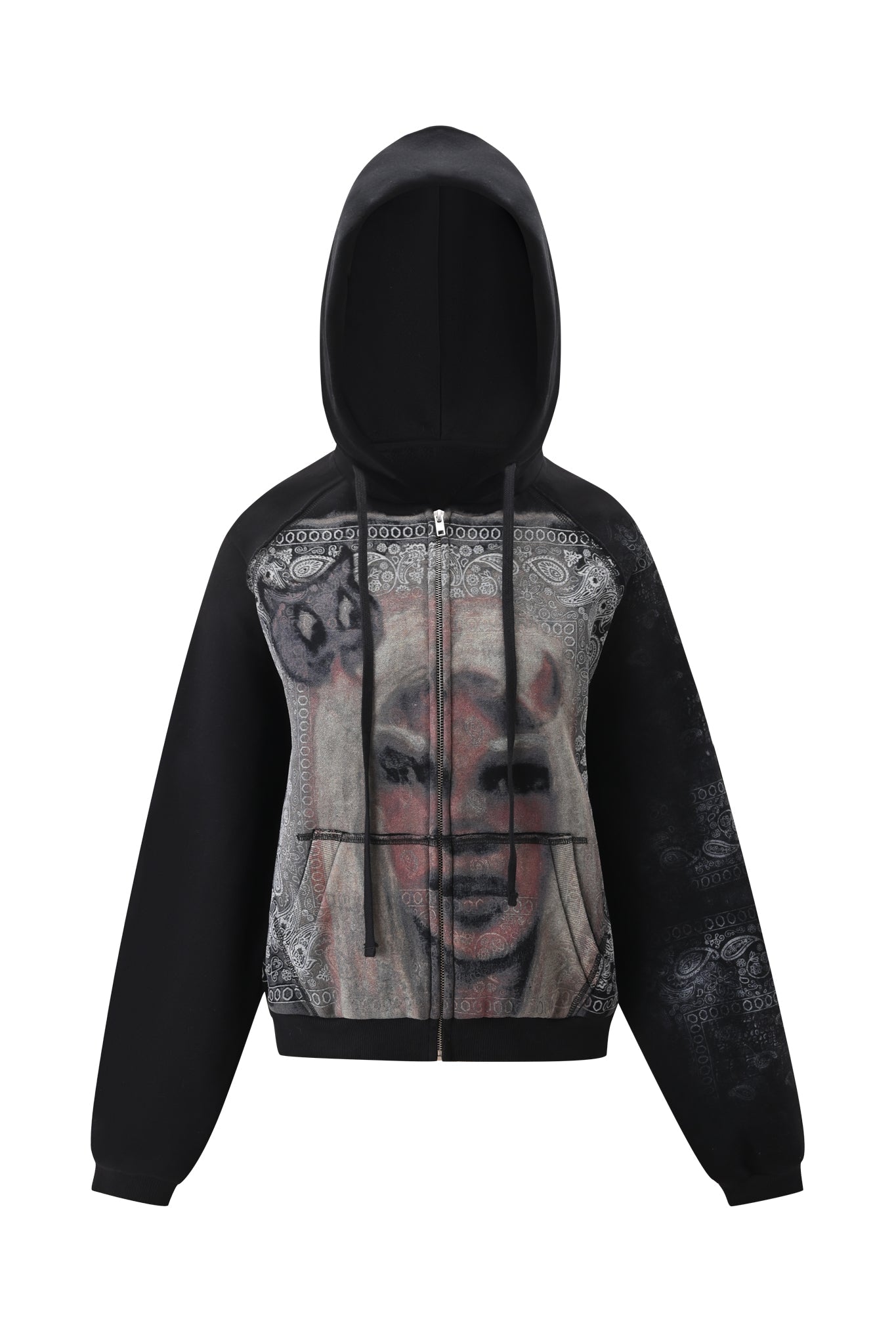 The I.AM.GIA T-REX ZIP THRU HOODIE - BLACK BANDANA is an oversized zip-up hoodie featuring a striking large graphic on the front, showcasing an abstract smiling face in pink and beige hues surrounded by decorative patterns and symbols. Its distinctive black bandana design, drawstring hood, and side pockets add a unique edge, making it the perfect street style piece.