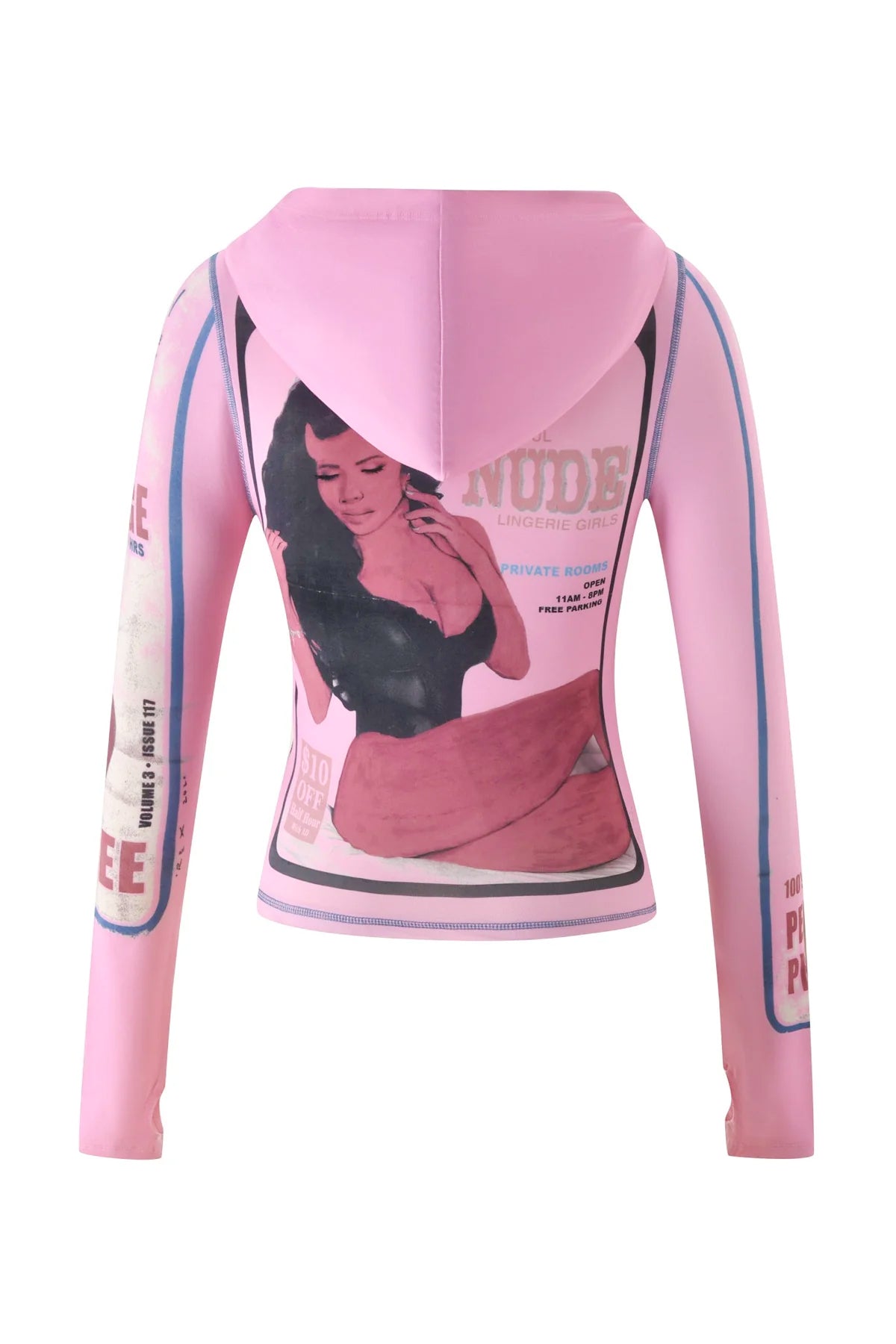 Introducing the I.AM.GIA T-REX BLARE HOODIE in Pink—a hooded long-sleeve top crafted from soft bamboo fabrication. This standout piece showcases striking graphic prints of a woman, bold "NUDE" text, and various decorative elements on the back and sleeves, blending edgy aesthetics with comfort and drawing inspiration from the iconic Blare Hoodie by I.AM.GIA.