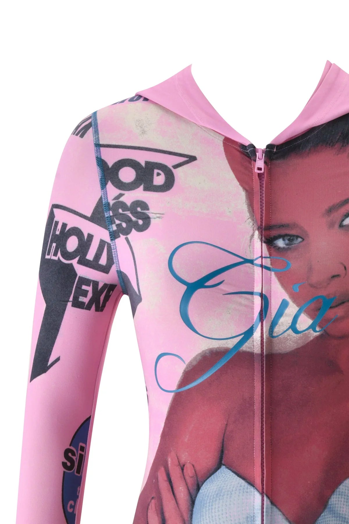 Close-up of the I.AM.GIA T-REX BLARE HOODIE in pink, featuring graphic text and a partially visible printed image of a woman's face and upper body wearing a white top.