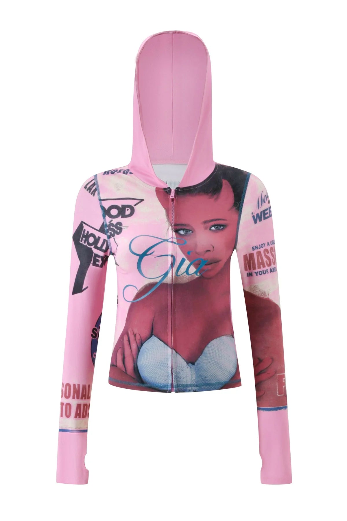 The T-REX BLARE HOODIE - PINK by I.AM.GIA is a cropped jacket featuring a front zipper and bold graphic prints, including a woman's face, blue bustier, and magazine-style text details. Carefully crafted with striking attention to detail, this standout piece blends edgy design with I.AM.GIA's signature style.