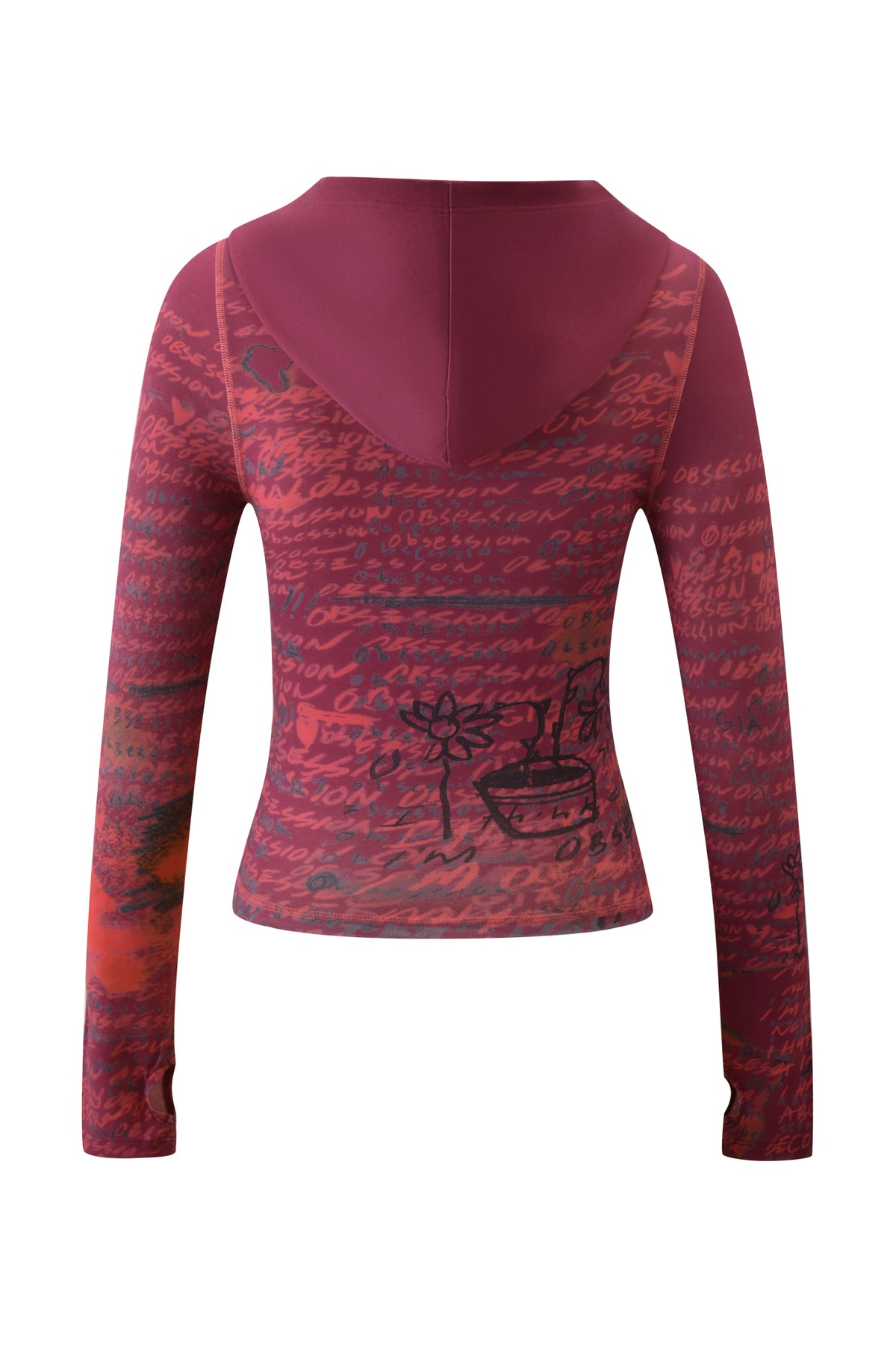 Introducing the T-REX BLARE HOODIE - RED by I.AM.GIA: a fitted, long-sleeve hoodie in striking shades of red and maroon. The back showcases handwritten text and playful black, doodle-inspired illustrations—including a flower and a bowl—while subtle I.AM.GIA logo detailing offers a signature touch. Crafted from soft bamboo fabric for maximum comfort.