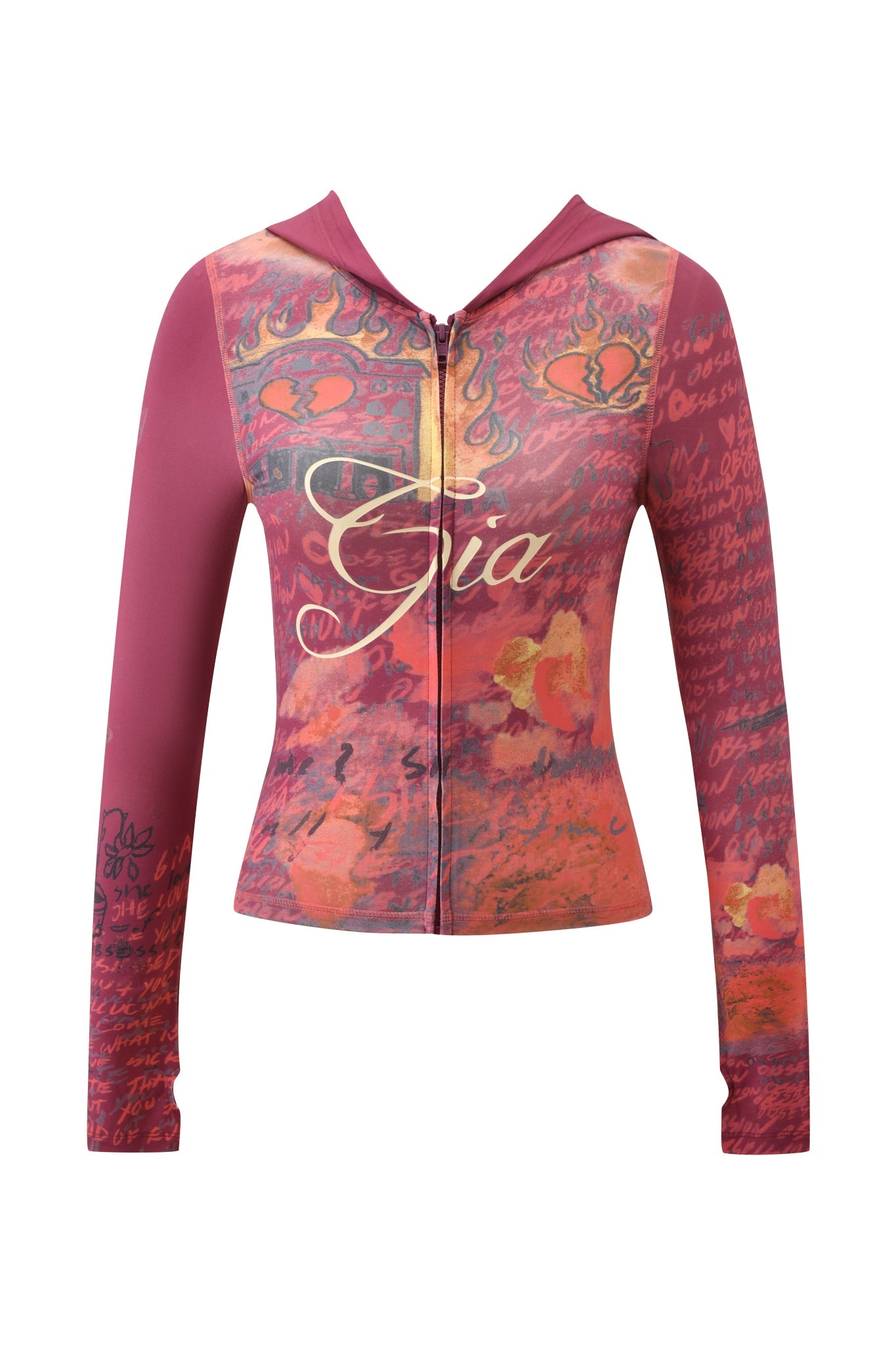 The T-REX BLARE HOODIE by I.AM.GIA is a fitted, long-sleeve zip-up hoodie in vibrant red and orange tones with script text and flame details, featuring "Gia" written in large white cursive on the front.
