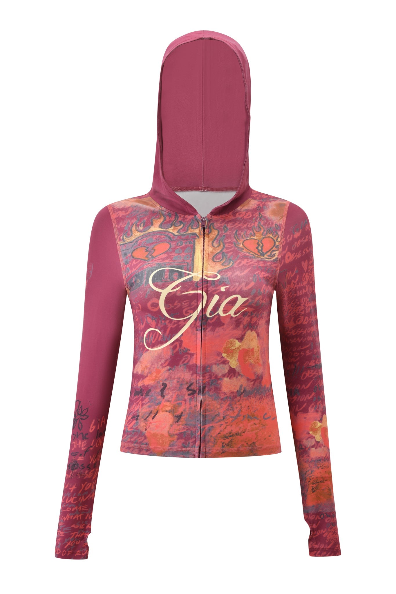 A red hooded zip-up jacket with a vibrant, colorful abstract pattern and the word "Gia" in cursive on the front, the T-REX BLARE HOODIE from I.AM.GIA brings bold style to your everyday look.